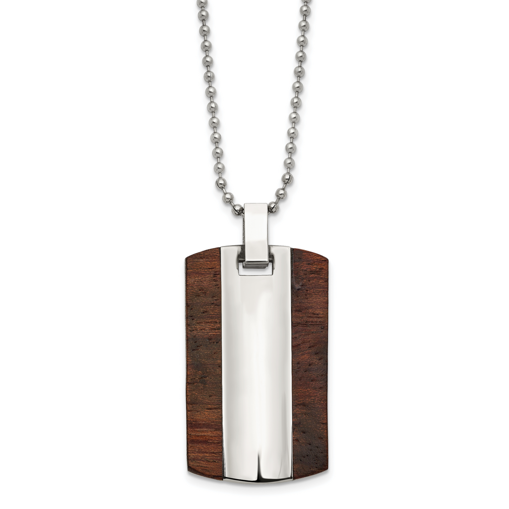 Stainless Steel Polished with Wood Dog Tag 24in Necklace