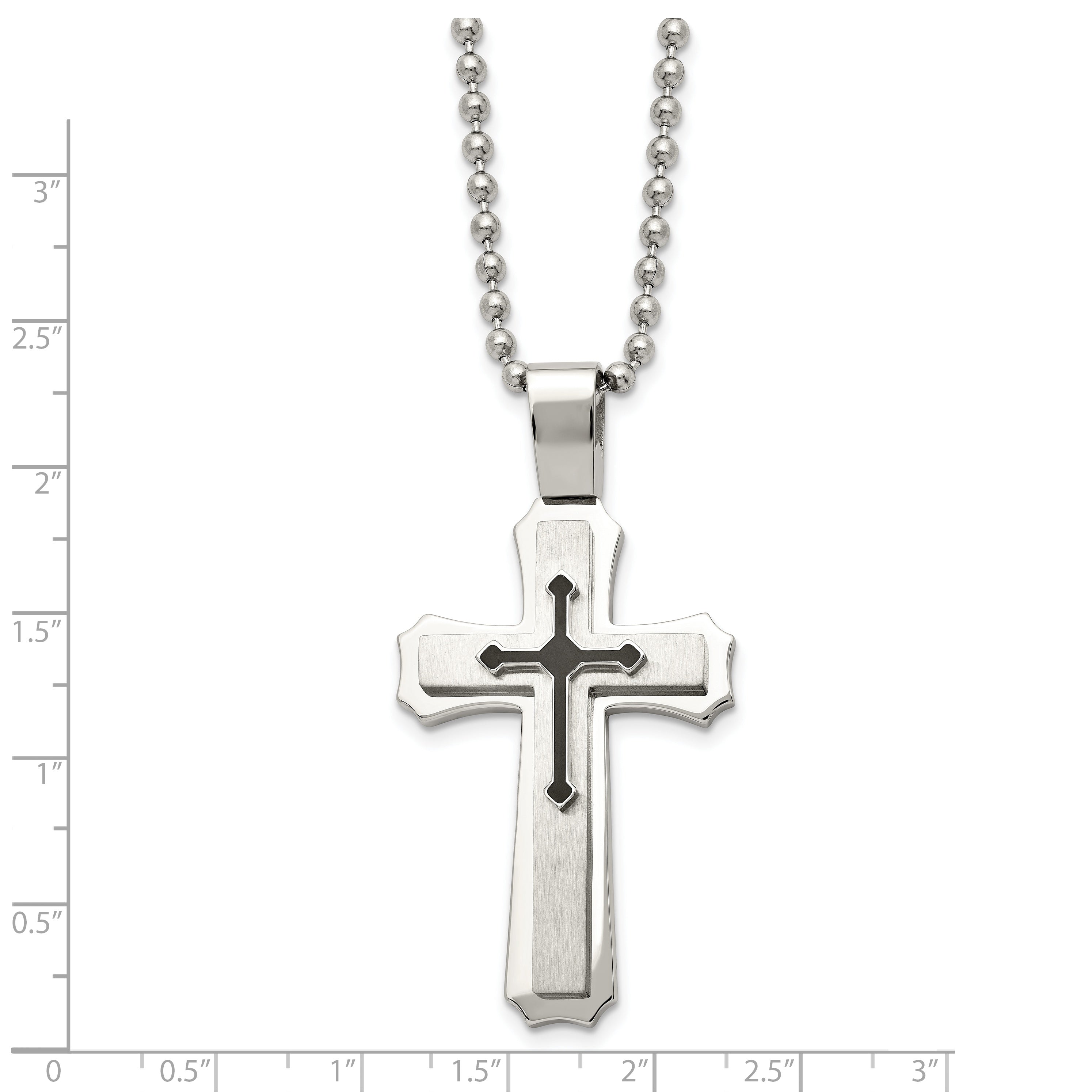 Chisel Stainless Steel Brushed and Polished with Black Rubber Cross Pendant on a 24 inch Ball Chain Necklace