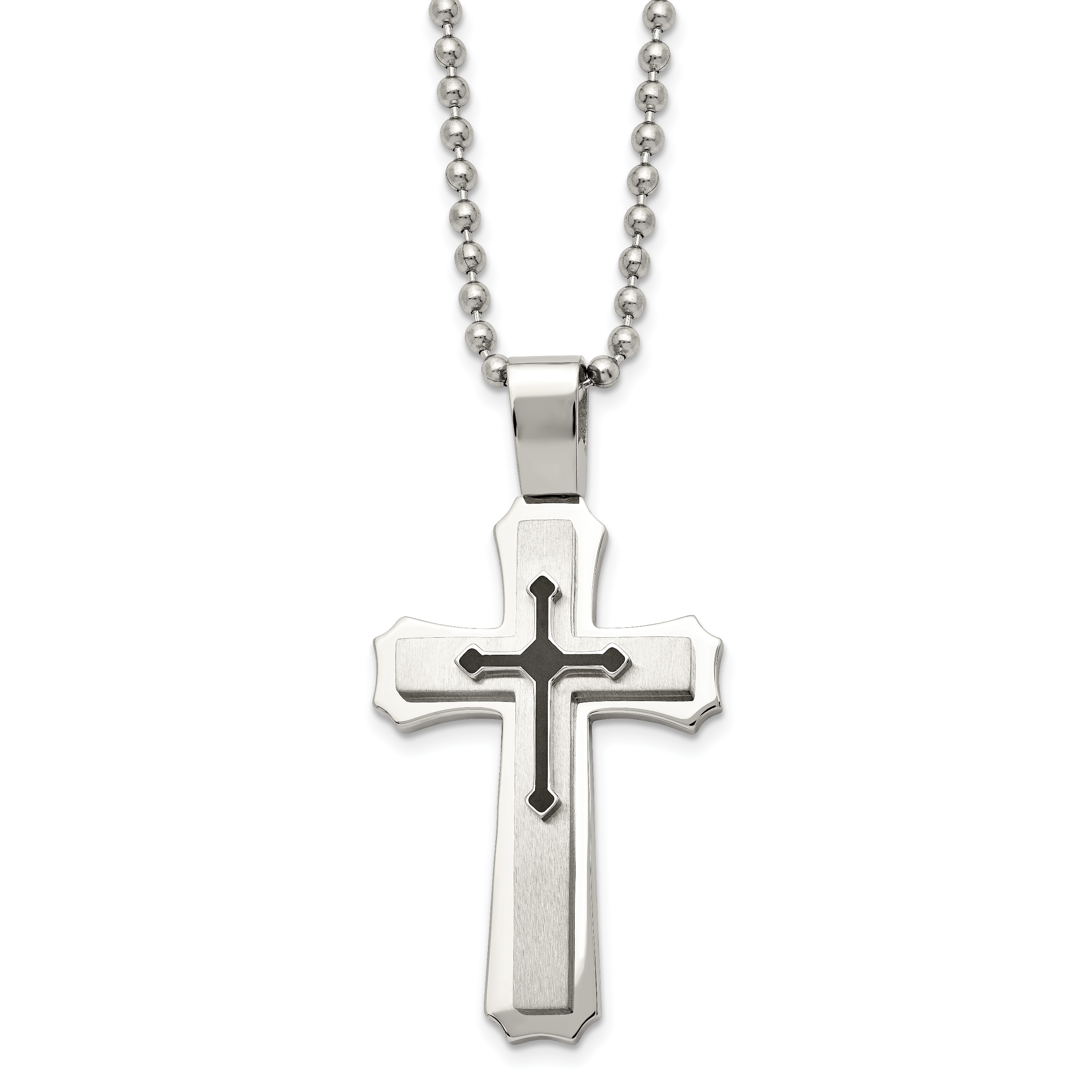 Chisel Stainless Steel Brushed and Polished with Black Rubber Cross Pendant on a 24 inch Ball Chain Necklace Main image