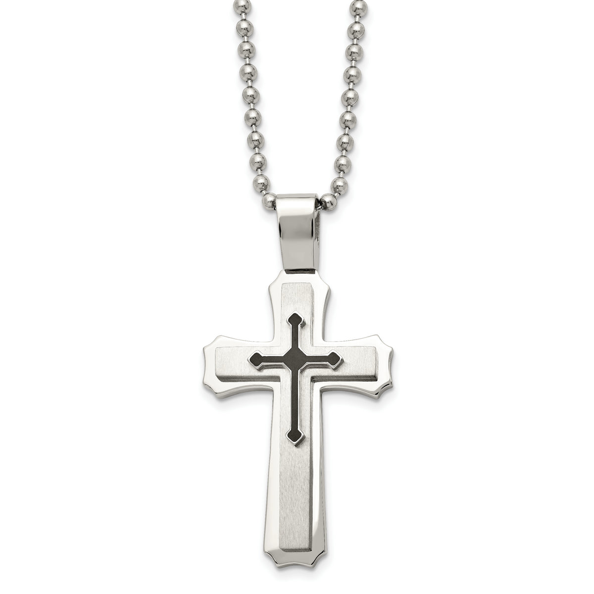 Chisel Stainless Steel Brushed and Polished with Black Rubber Cross Pendant on a 24 inch Ball Chain Necklace