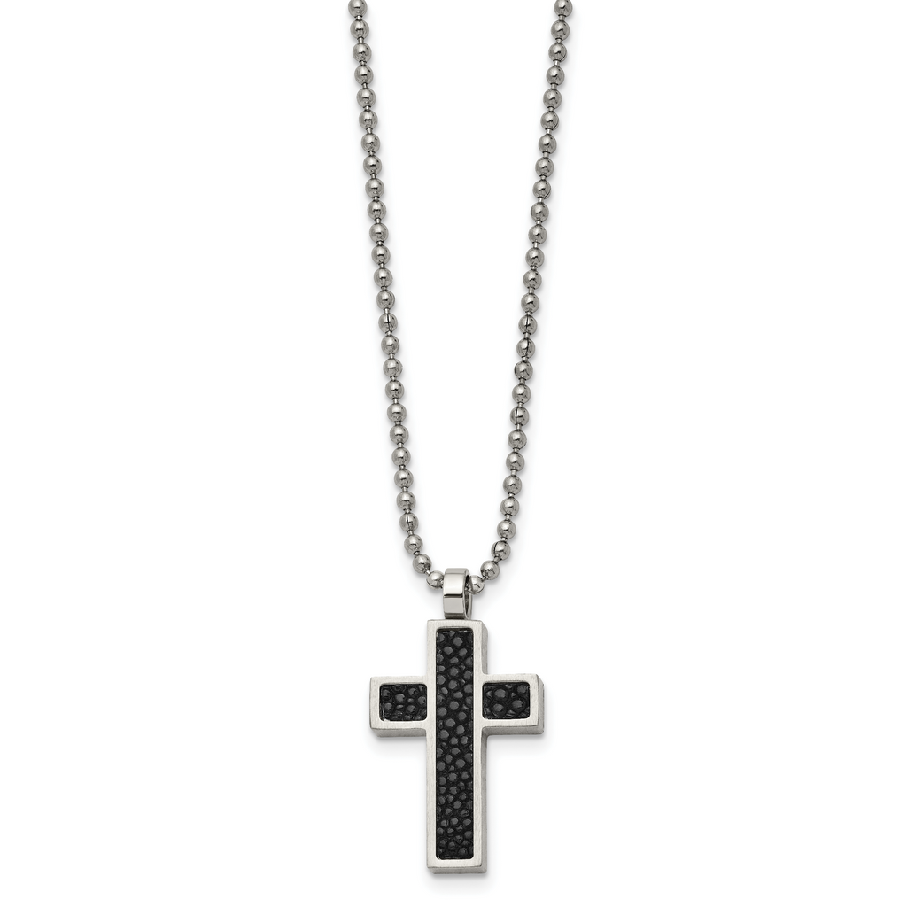 Cross Pendant in Stainless Steel with Black Stingray Inlay