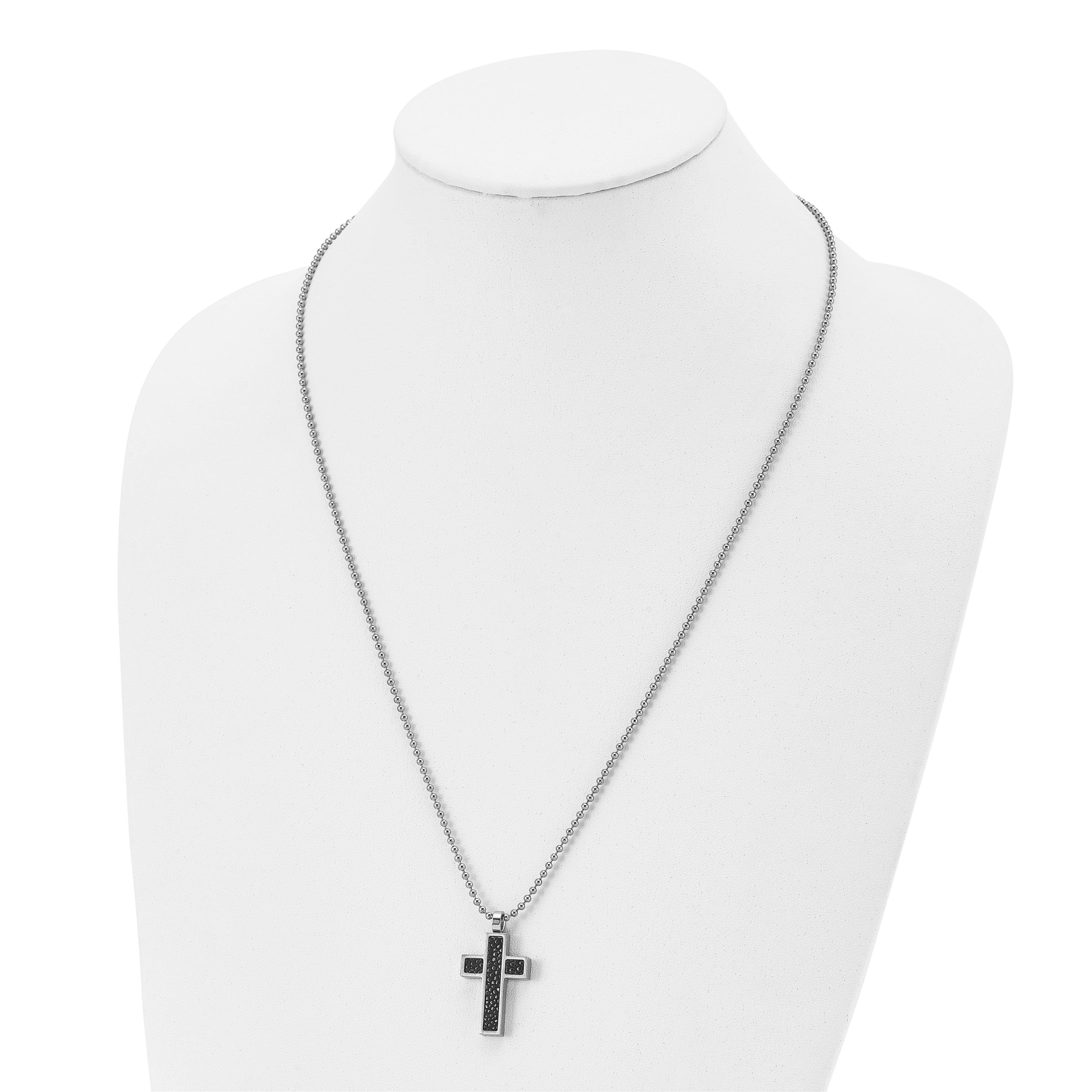 Cross Pendant in Stainless Steel with Black Stingray Inlay