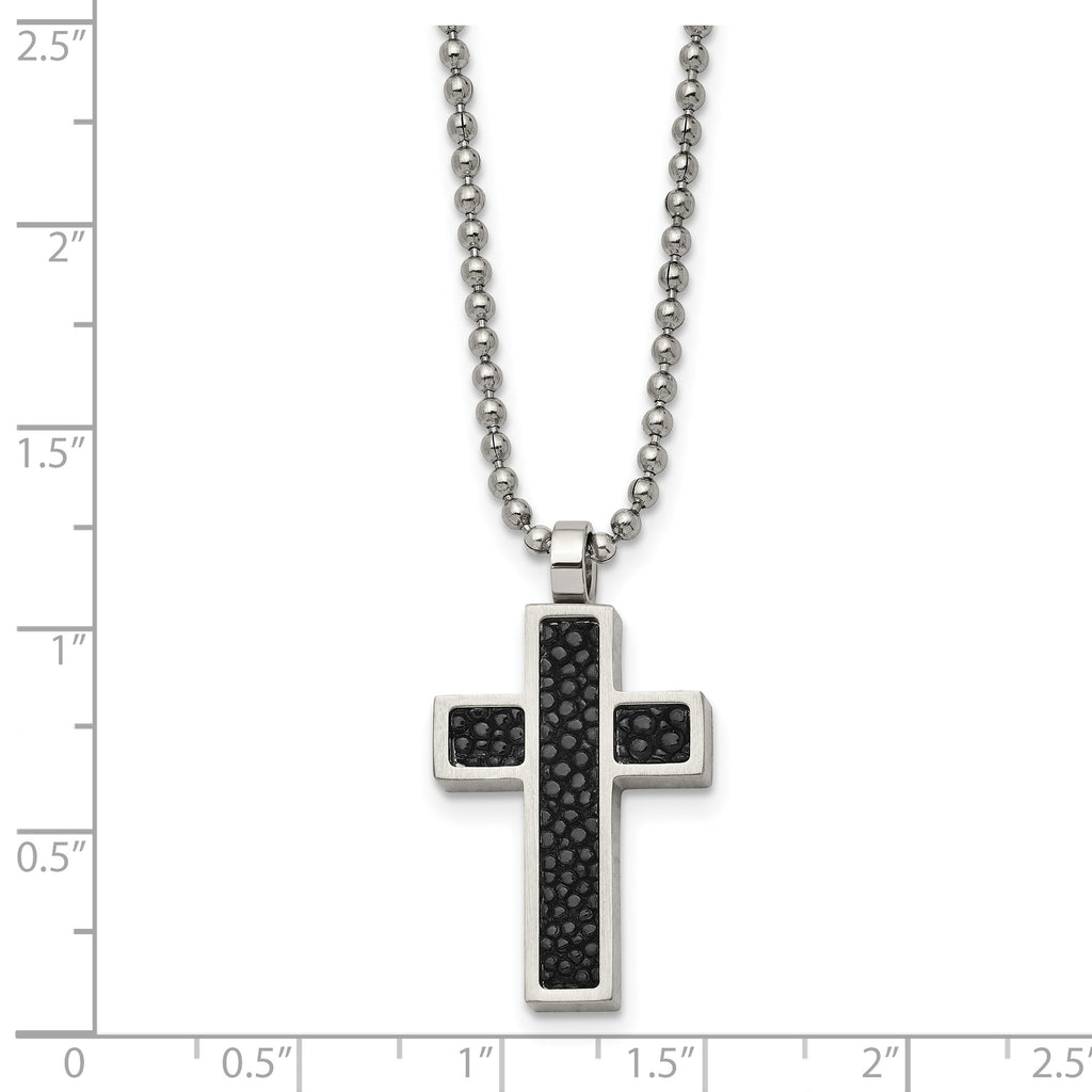 Cross Pendant in Stainless Steel with Black Stingray Inlay