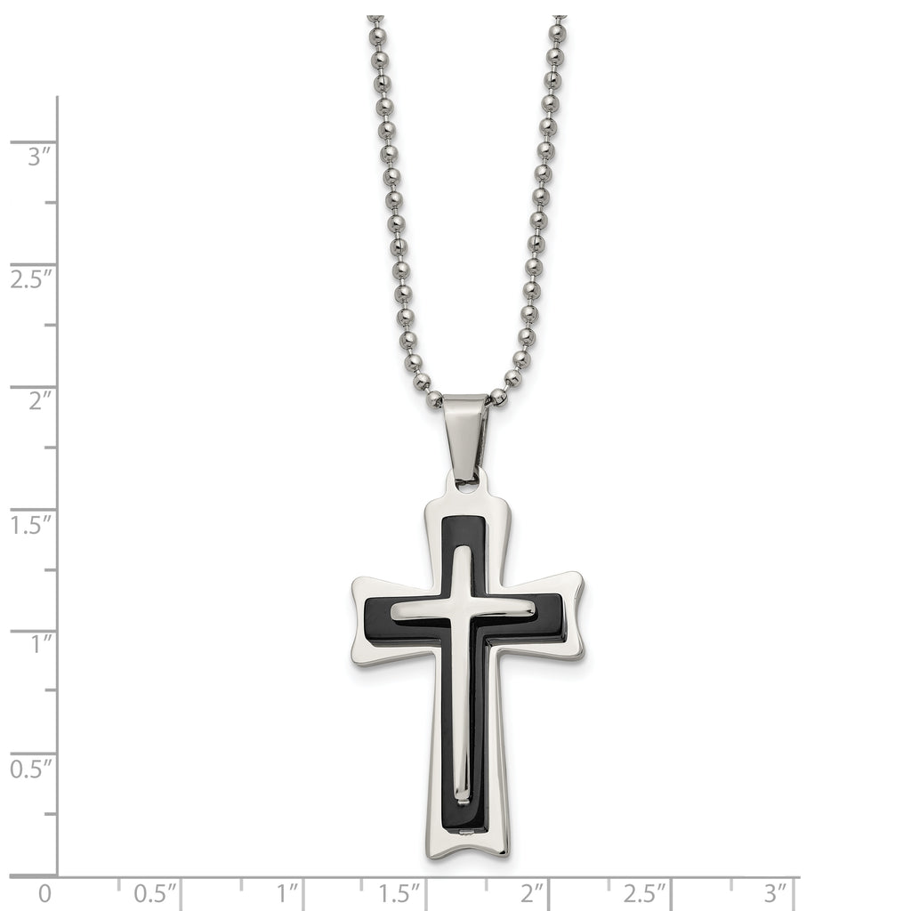 Chisel Stainless Steel Polished with Black Acrylic Cross Pendant on a 24 inch Ball Chain Necklace