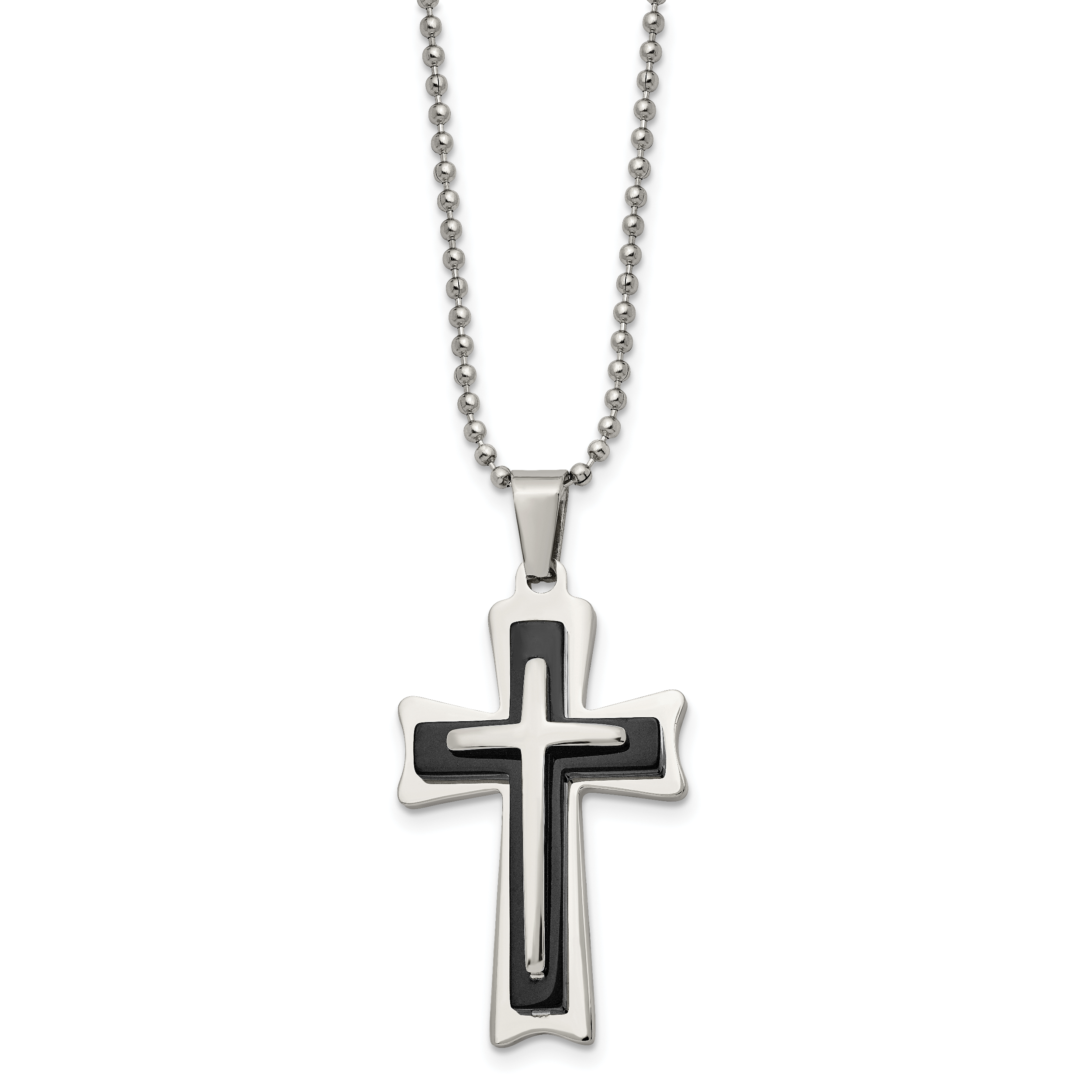 Chisel Stainless Steel Polished with Black Acrylic Cross Pendant on a 24 inch Ball Chain Necklace Main image
