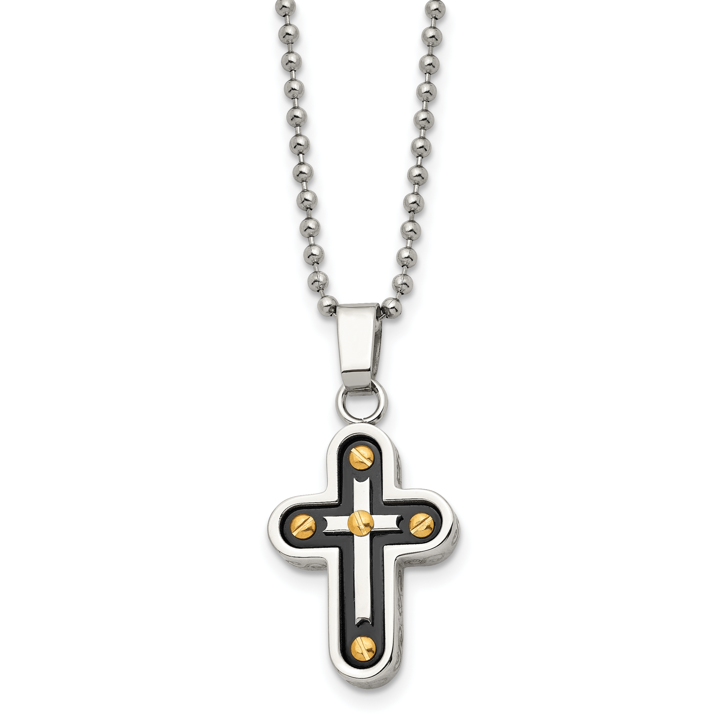 Chisel Stainless Steel Polished Black and Yellow IP-plated Cross Pendant on a 22 inch Ball Chain Necklace Main image