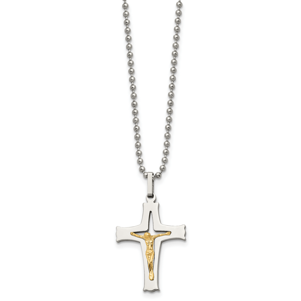 Chisel Stainless Steel Polished with 14k Gold Accent Crucifix Pendant on a 22 inch Ball Chain Necklace