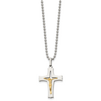 Chisel Stainless Steel Polished with 14k Gold Accent Crucifix Pendant on a 22 inch Ball Chain Necklace
