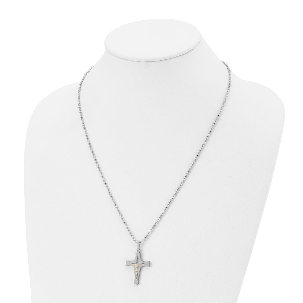 Chisel Stainless Steel Polished with 14k Gold Accent Crucifix Pendant on a 22 inch Ball Chain Necklace