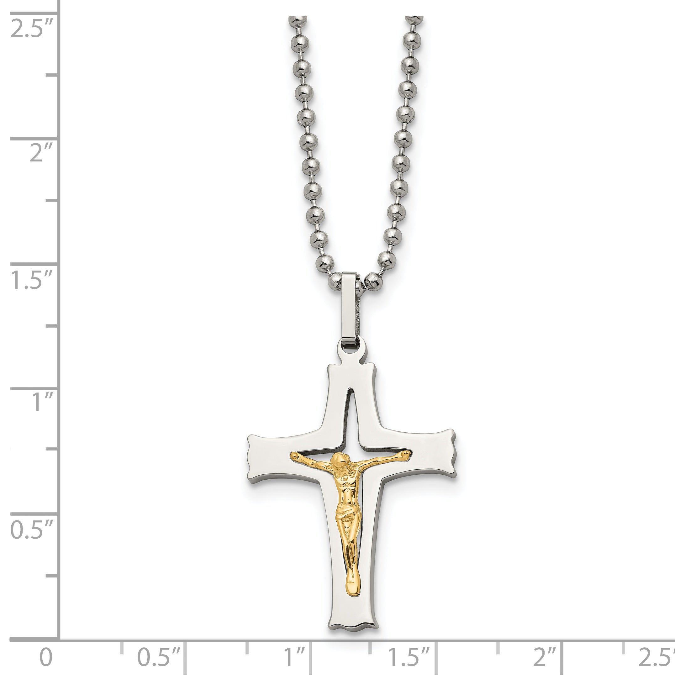 Chisel Stainless Steel Polished with 14k Gold Accent Crucifix Pendant on a 22 inch Ball Chain Necklace