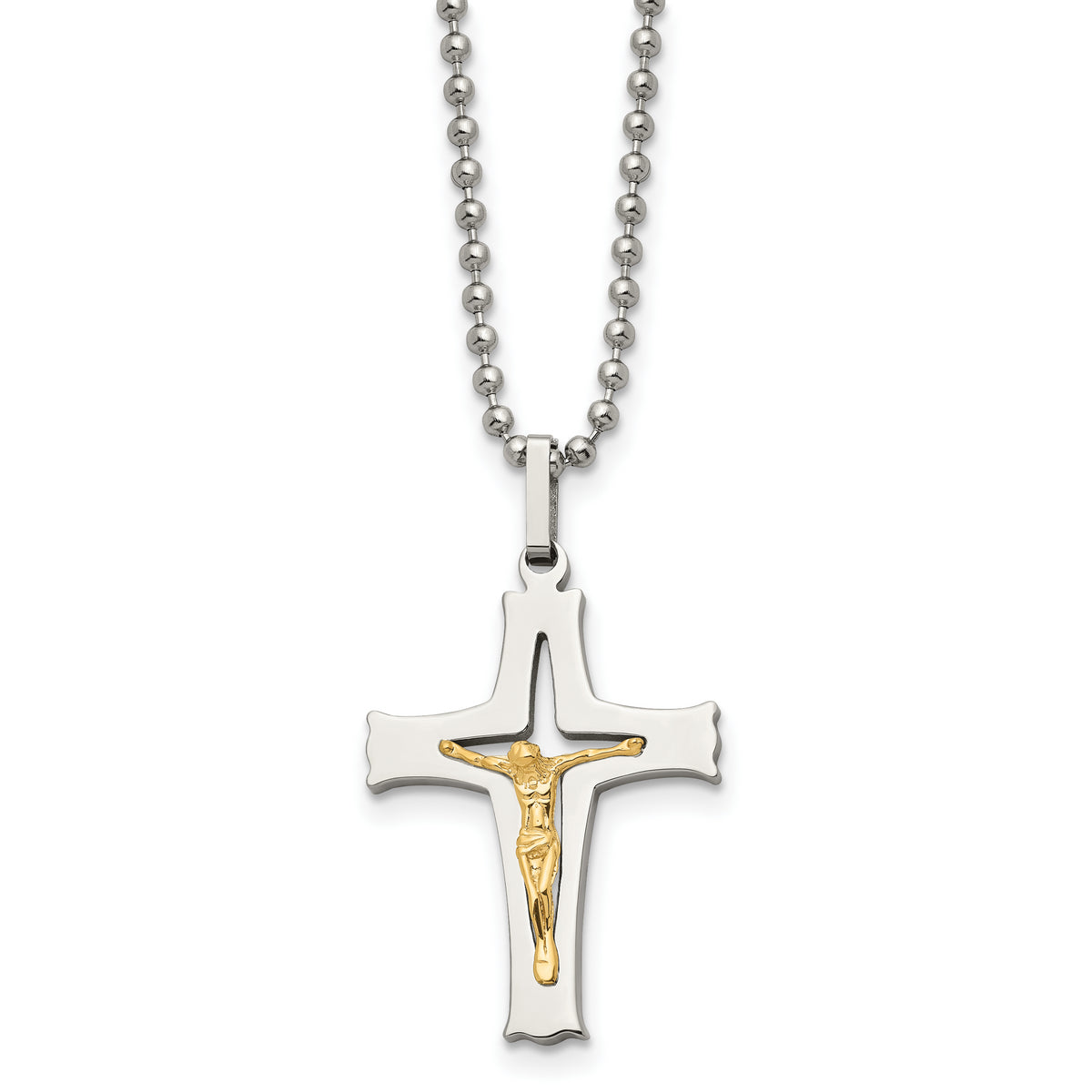 Chisel Stainless Steel Polished with 14k Gold Accent Crucifix Pendant on a 22 inch Ball Chain Necklace