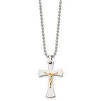 Chisel Stainless Steel Polished with 14k Gold Accent Crucifix Pendant on a 22 inch Ball Chain Necklace