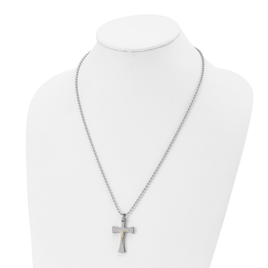 Chisel Stainless Steel Polished with 14k Gold Accent Crucifix Pendant on a 22 inch Ball Chain Necklace