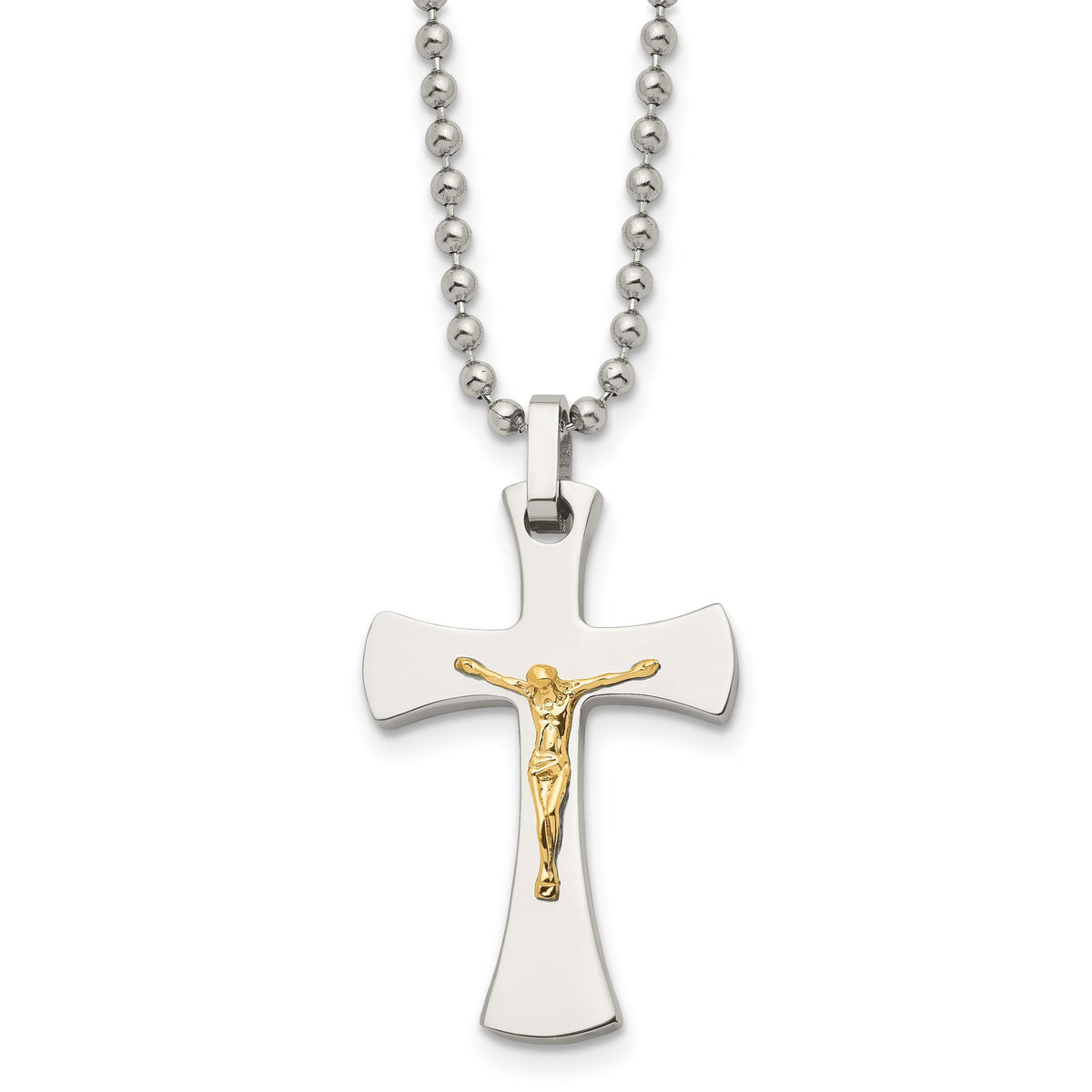 Chisel Accent Crucifix Necklace in Stainless Steel with 14K Gold Accent, Polished, 22 Inch Ball Chain - Sophia Jewelers Main image