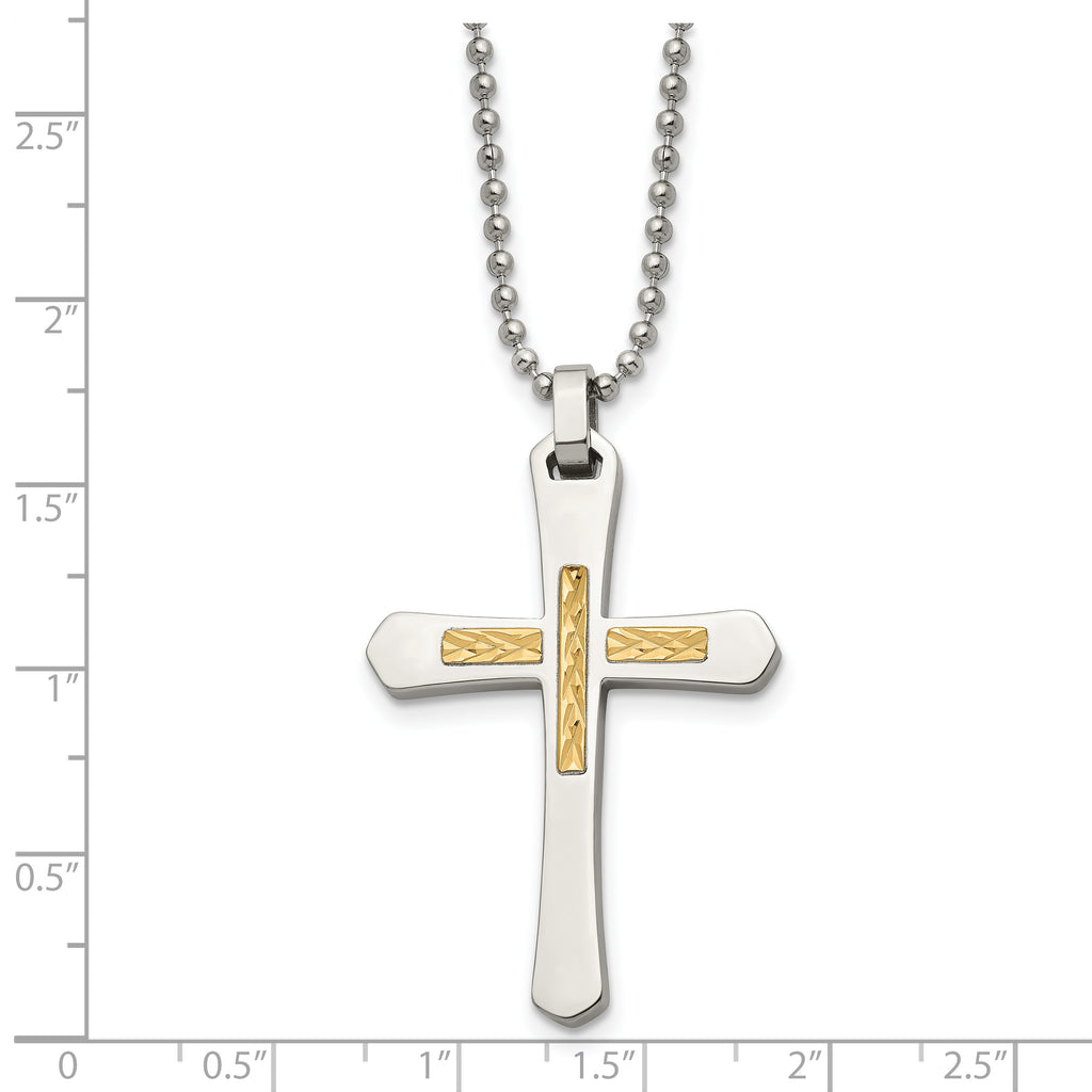 Diamond-Cut Cross Pendant Necklace in Stainless Steel & 14K Gold