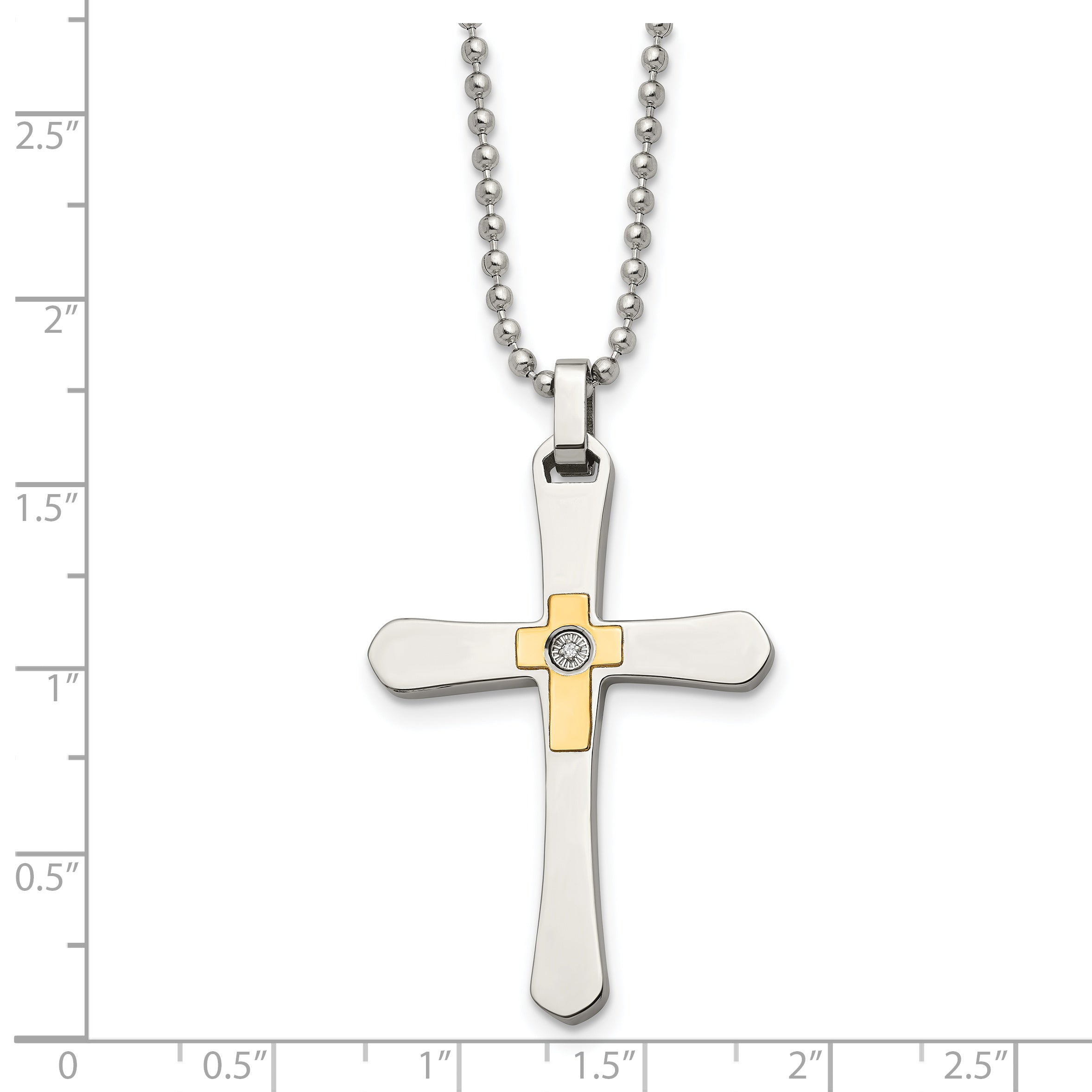 Chisel Stainless Steel Polished with 14k Gold Accent 1/2pt Diamond Cross Pendant on a 22 inch Ball Chain Necklace