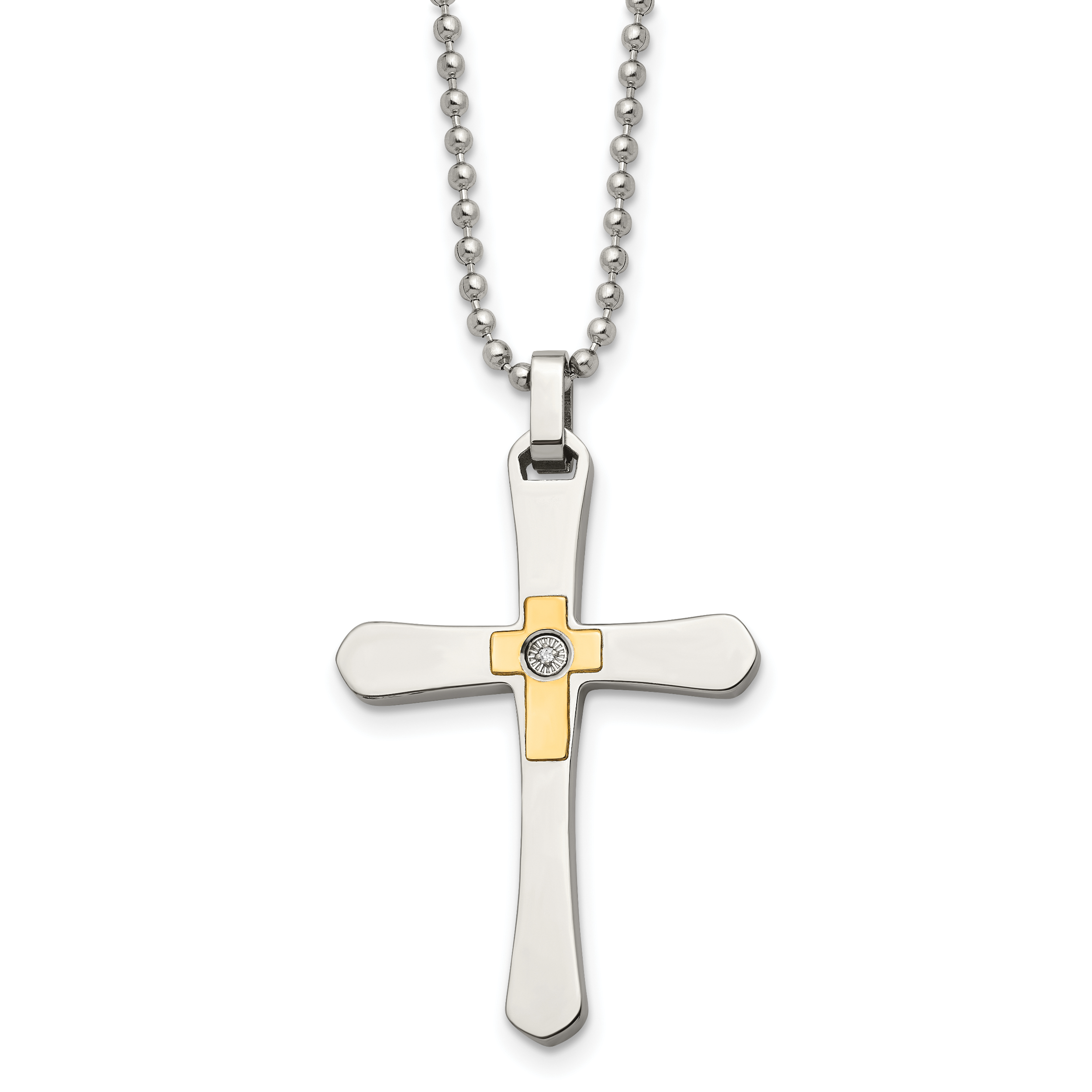 Chisel Stainless Steel Polished with 14k Gold Accent 1/2pt Diamond Cross Pendant on a 22 inch Ball Chain Necklace Main image
