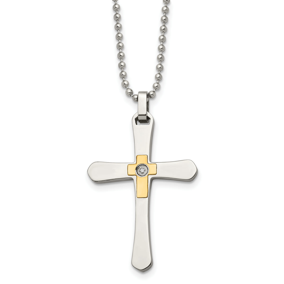 Chisel Stainless Steel Polished with 14k Gold Accent 1/2pt Diamond Cross Pendant on a 22 inch Ball Chain Necklace