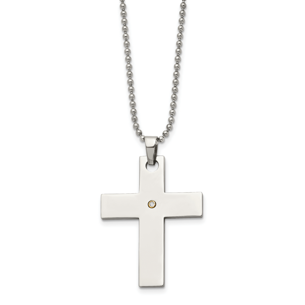 Chisel Stainless Steel Polished with 14k Gold Accent .02 carat Diamond Cross Pendant on a 22 inch Ball Chain Necklace