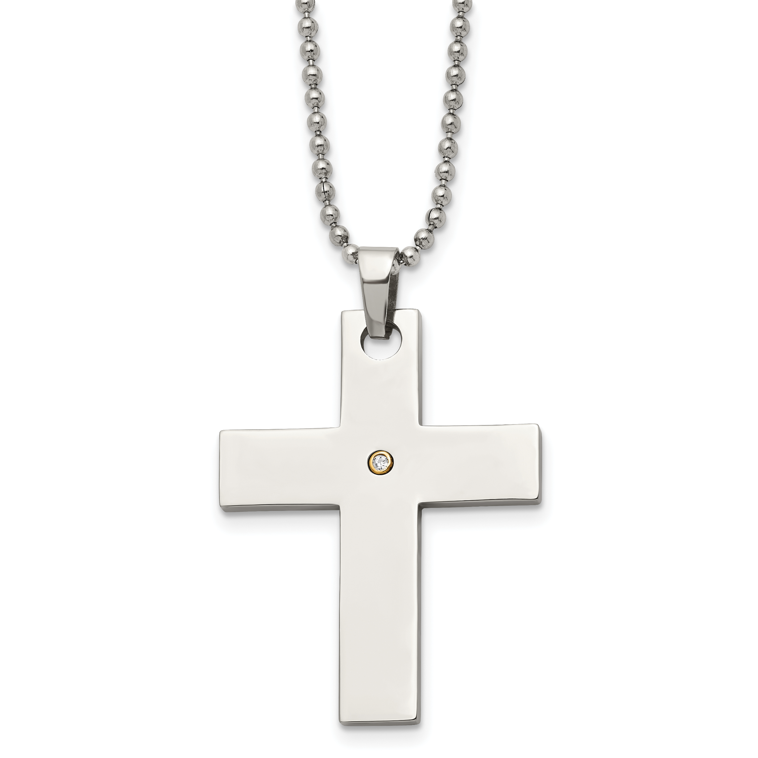 Chisel Stainless Steel Polished with 14k Gold Accent .02 carat Diamond Cross Pendant on a 22 inch Ball Chain Necklace Main image