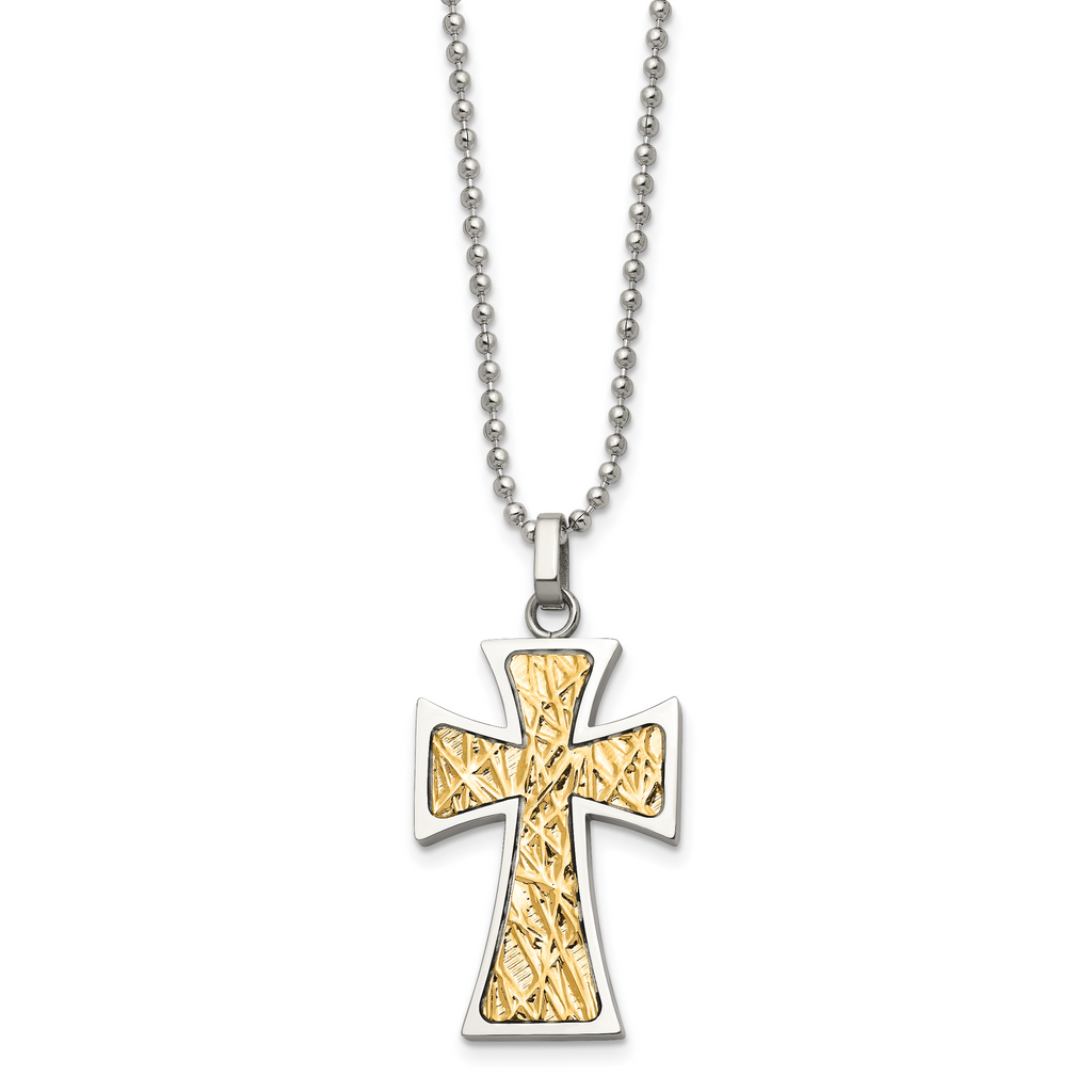Chisel Stainless Steel Polished with 14k Gold Accent Cross Pendant on a 22 inch Ball Chain Necklace