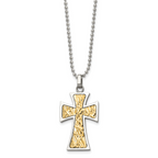 Chisel Stainless Steel Polished with 14k Gold Accent Cross Pendant on a 22 inch Ball Chain Necklace