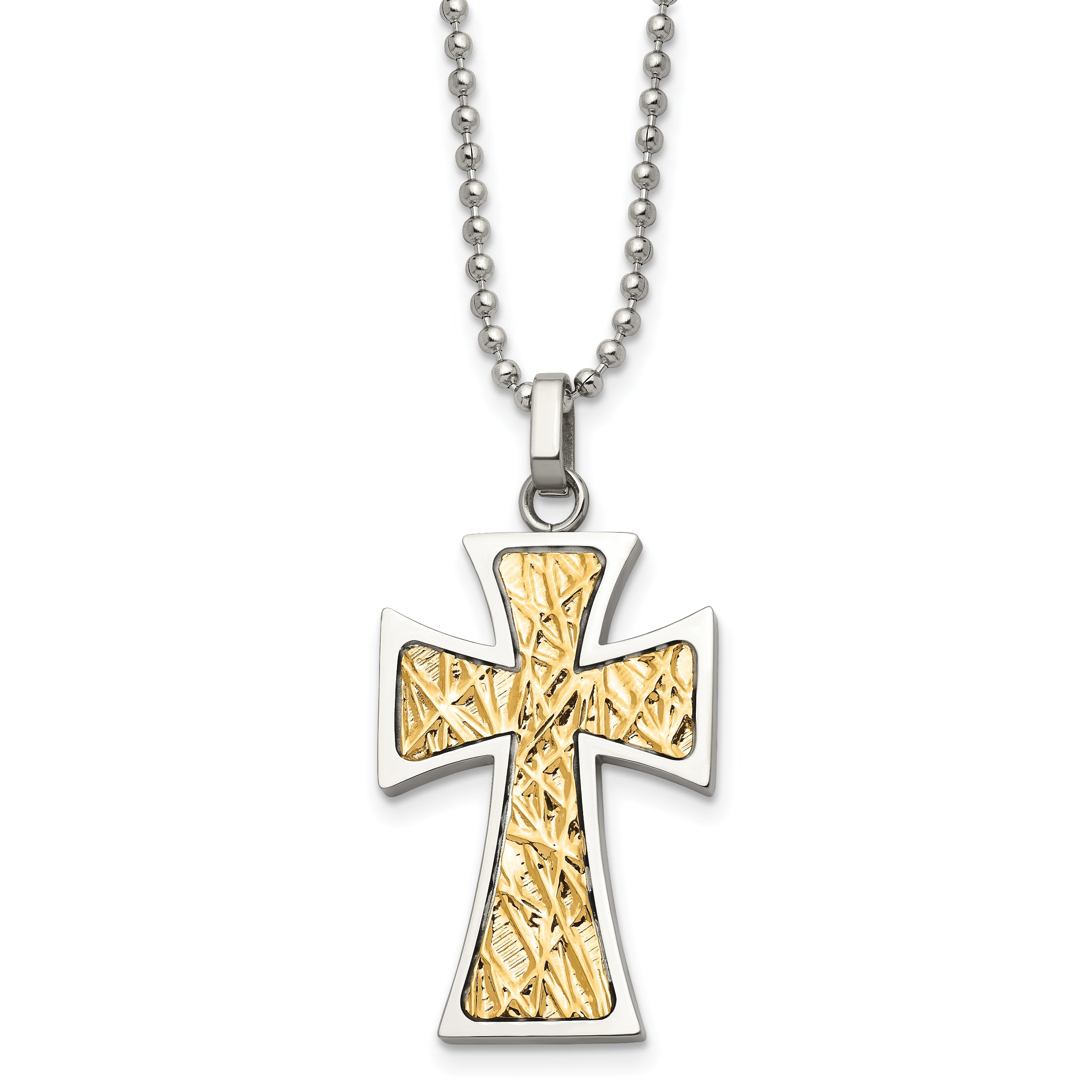 Chisel Stainless Steel Polished with 14k Gold Accent Cross Pendant on a 22 inch Ball Chain Necklace