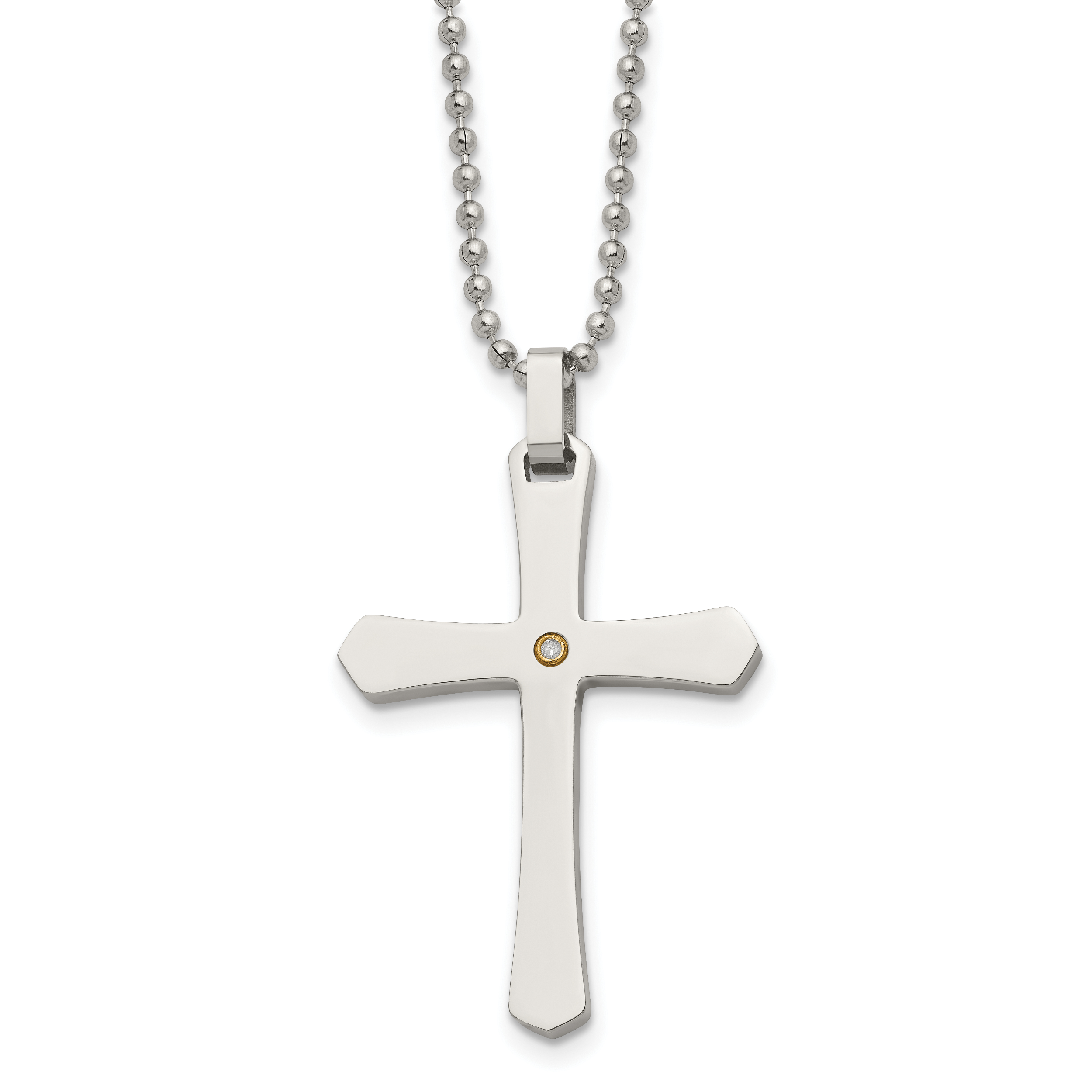 Chisel Stainless Steel Polished with 14k Gold Accent .02 carat Diamond Cross Pendant on a 22 inch Ball Chain Necklace Main image