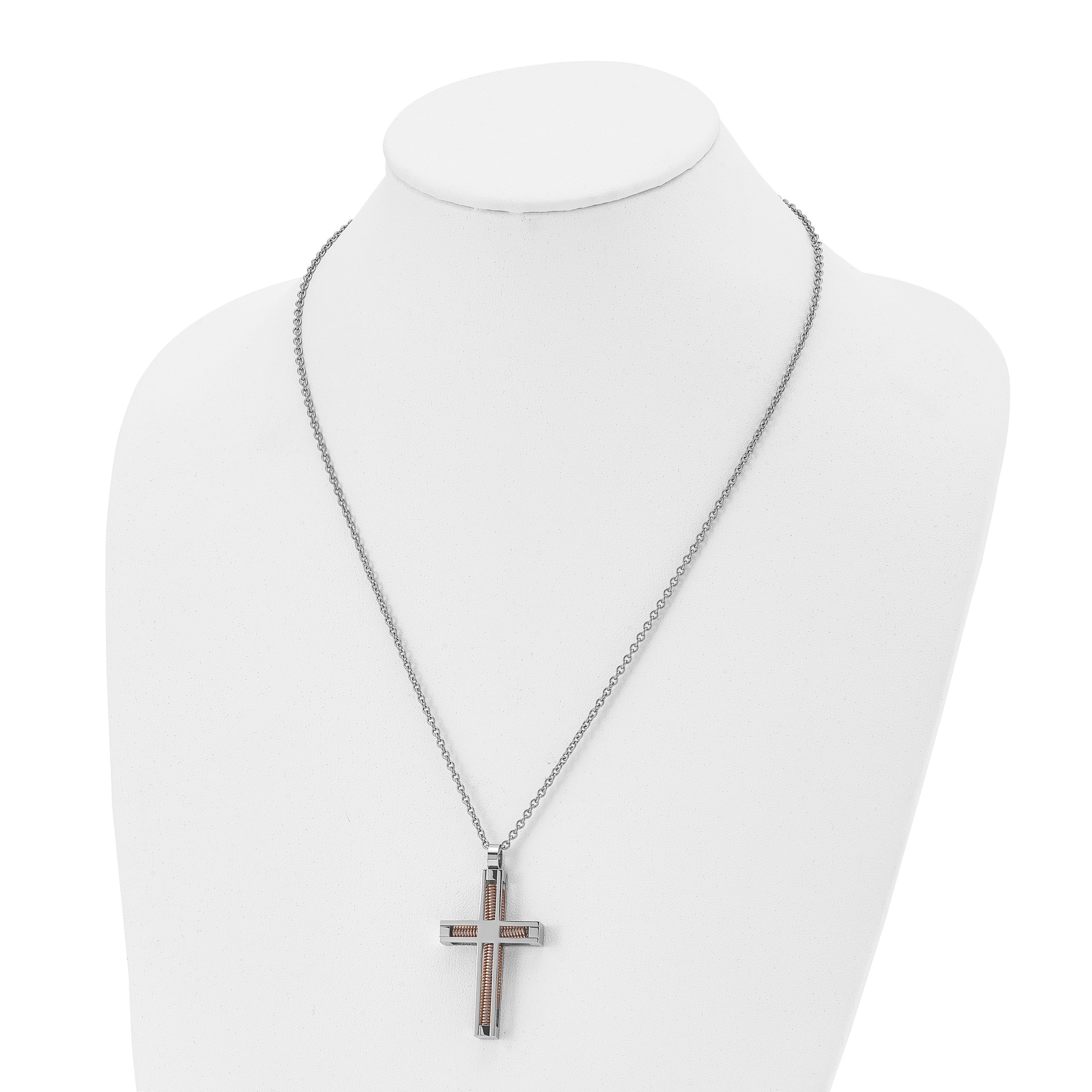 Chisel Stainless Steel Polished Rose IP-plated Cross Pendant on a 22 inch Cable Chain Necklace