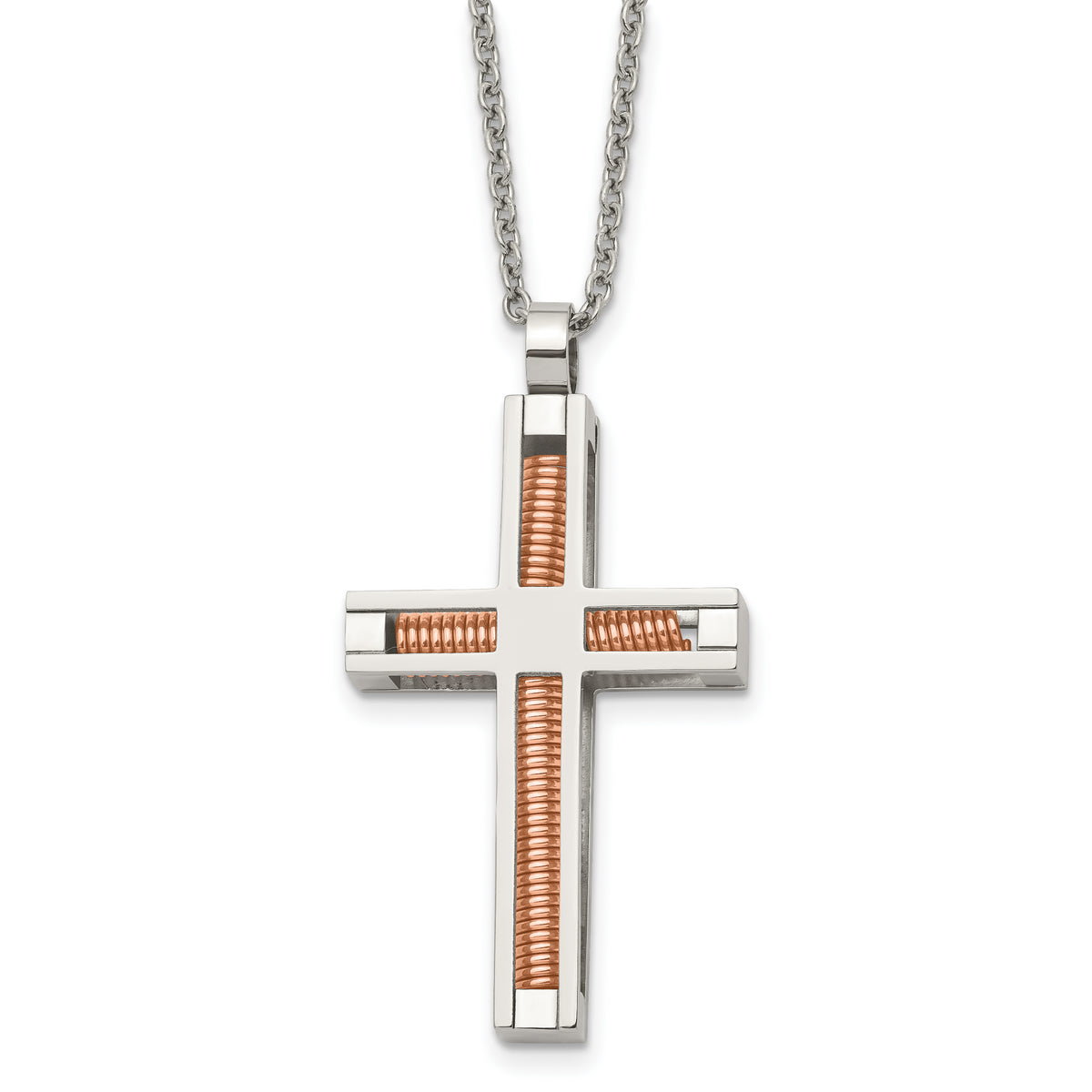 Chisel Stainless Steel Polished Rose IP-plated Cross Pendant on a 22 inch Cable Chain Necklace