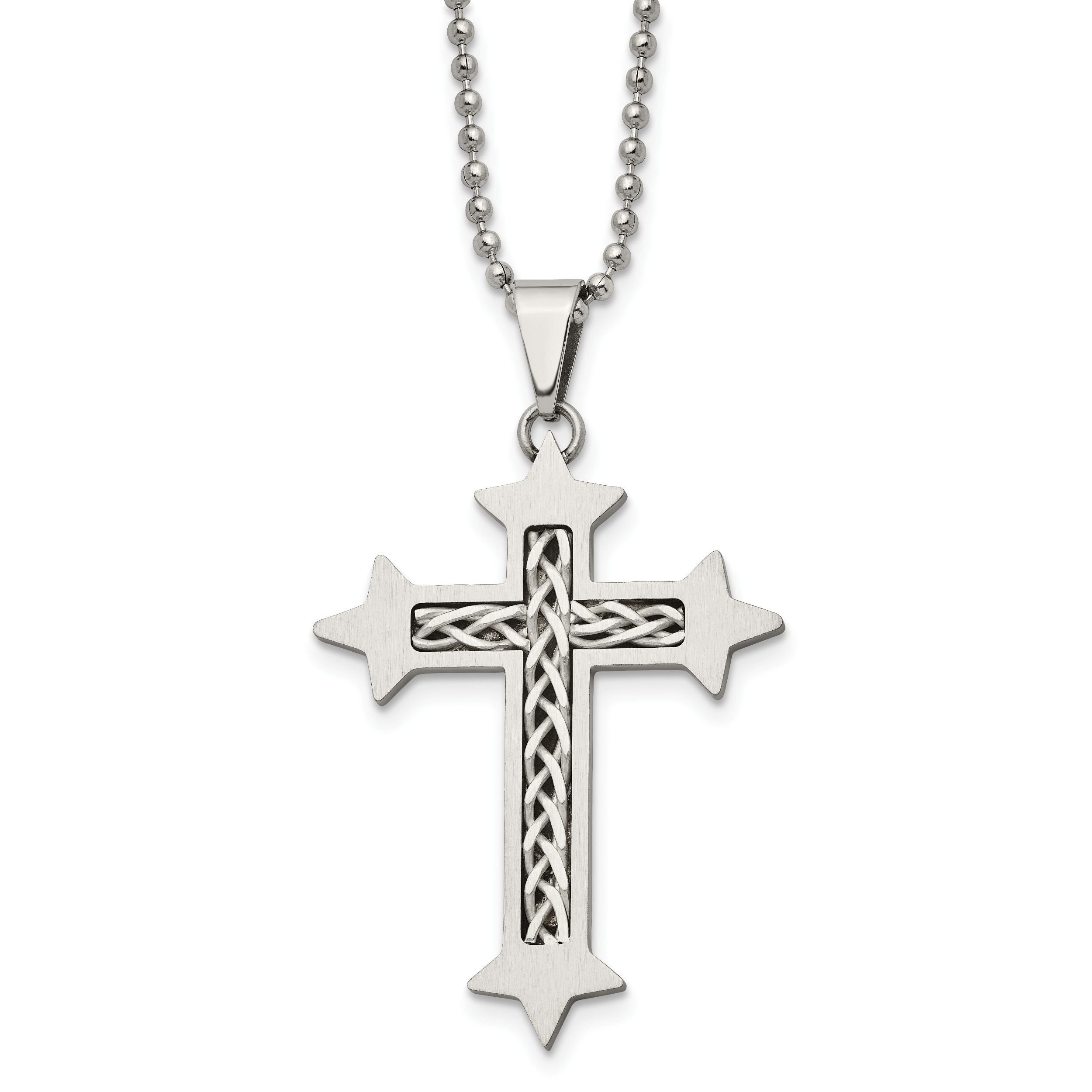 Chisel Stainless Steel Brushed with Braided Sterling Silver Inlay Cross Pendant on a 24 inch Ball Chain Necklace Main image