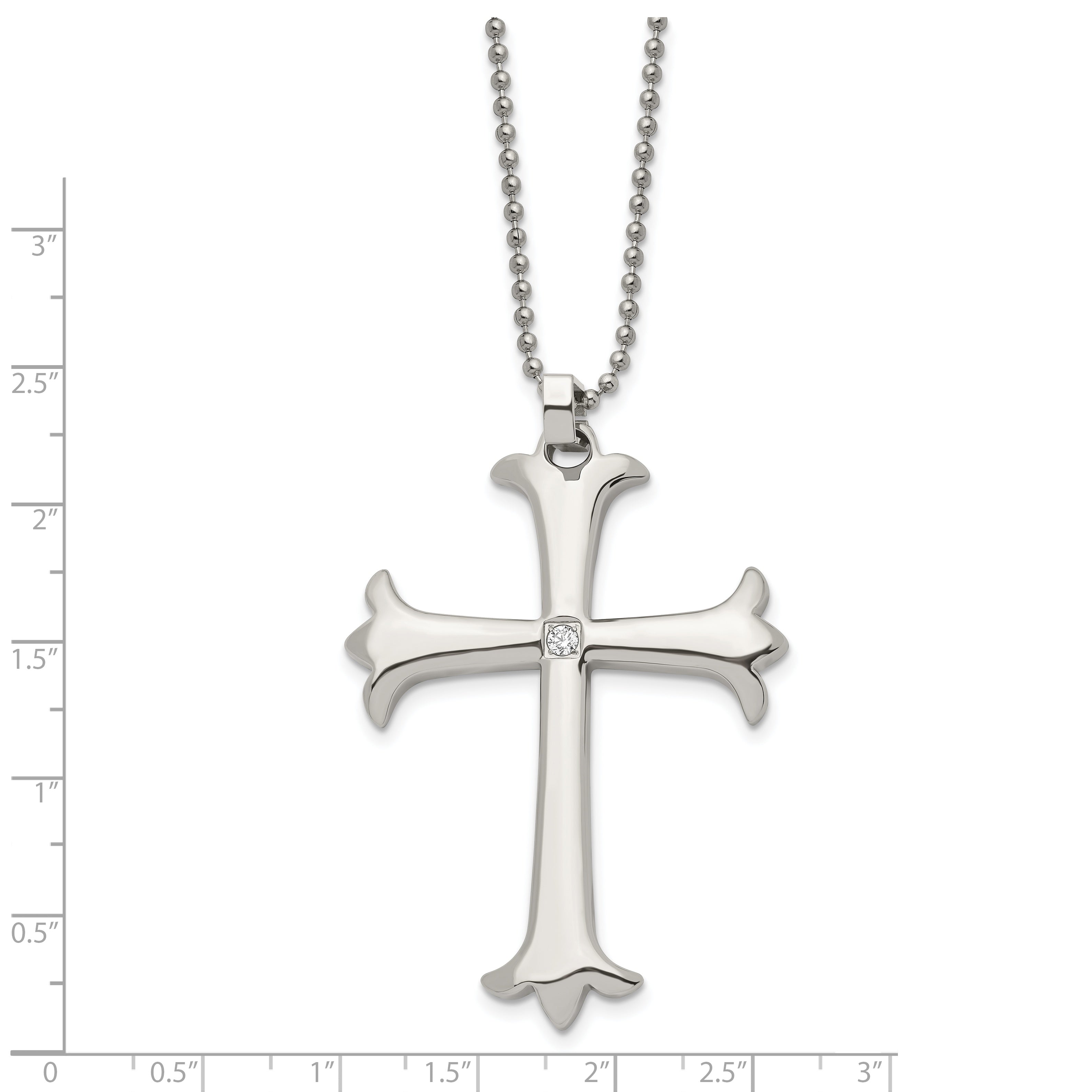 Chisel Stainless Steel Polished with CZ Cross Pendant on a 22 inch Ball Chain Necklace