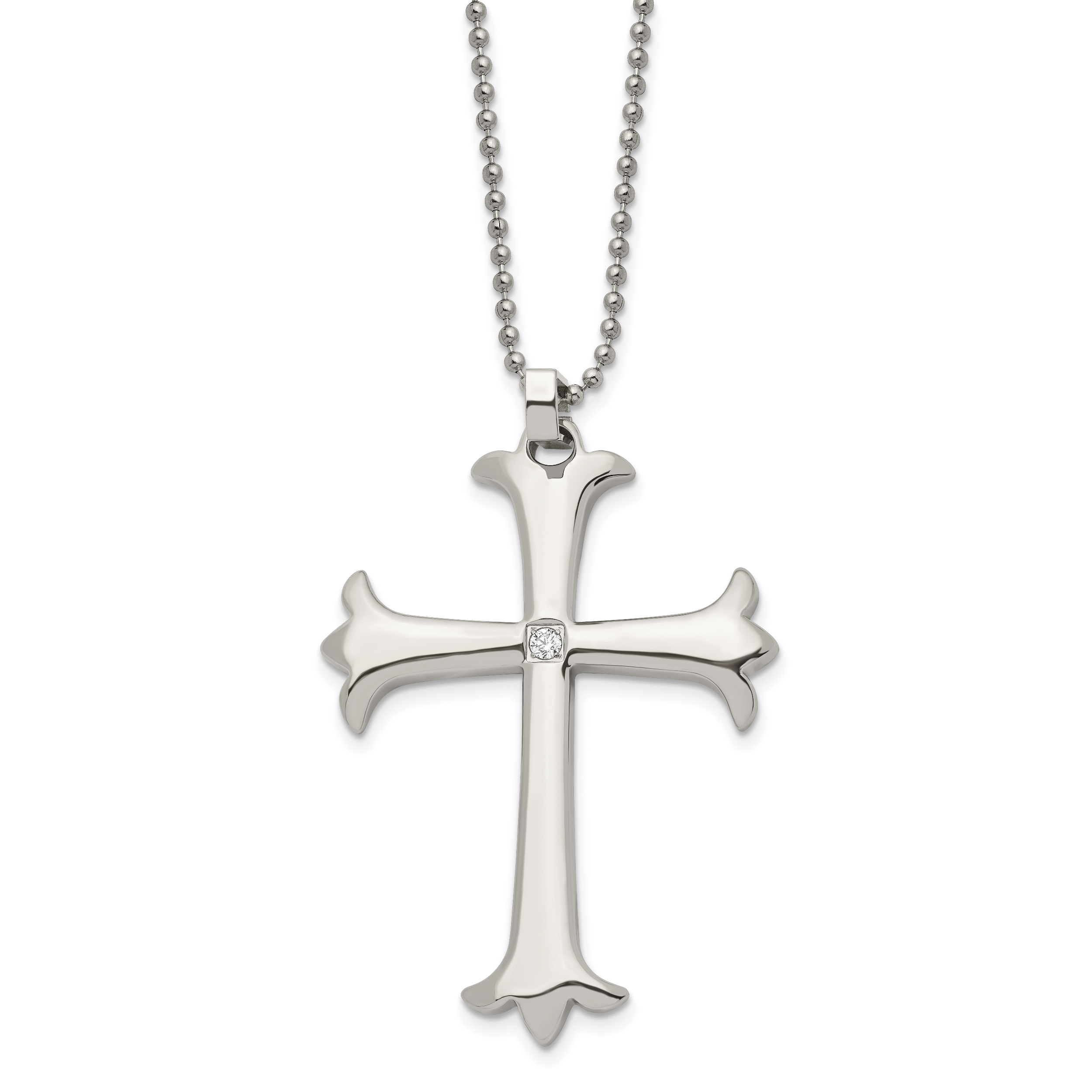 Chisel Stainless Steel Polished with CZ Cross Pendant on a 22 inch Ball Chain Necklace Main image