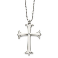 Chisel Stainless Steel Polished with CZ Cross Pendant on a 22 inch Ball Chain Necklace