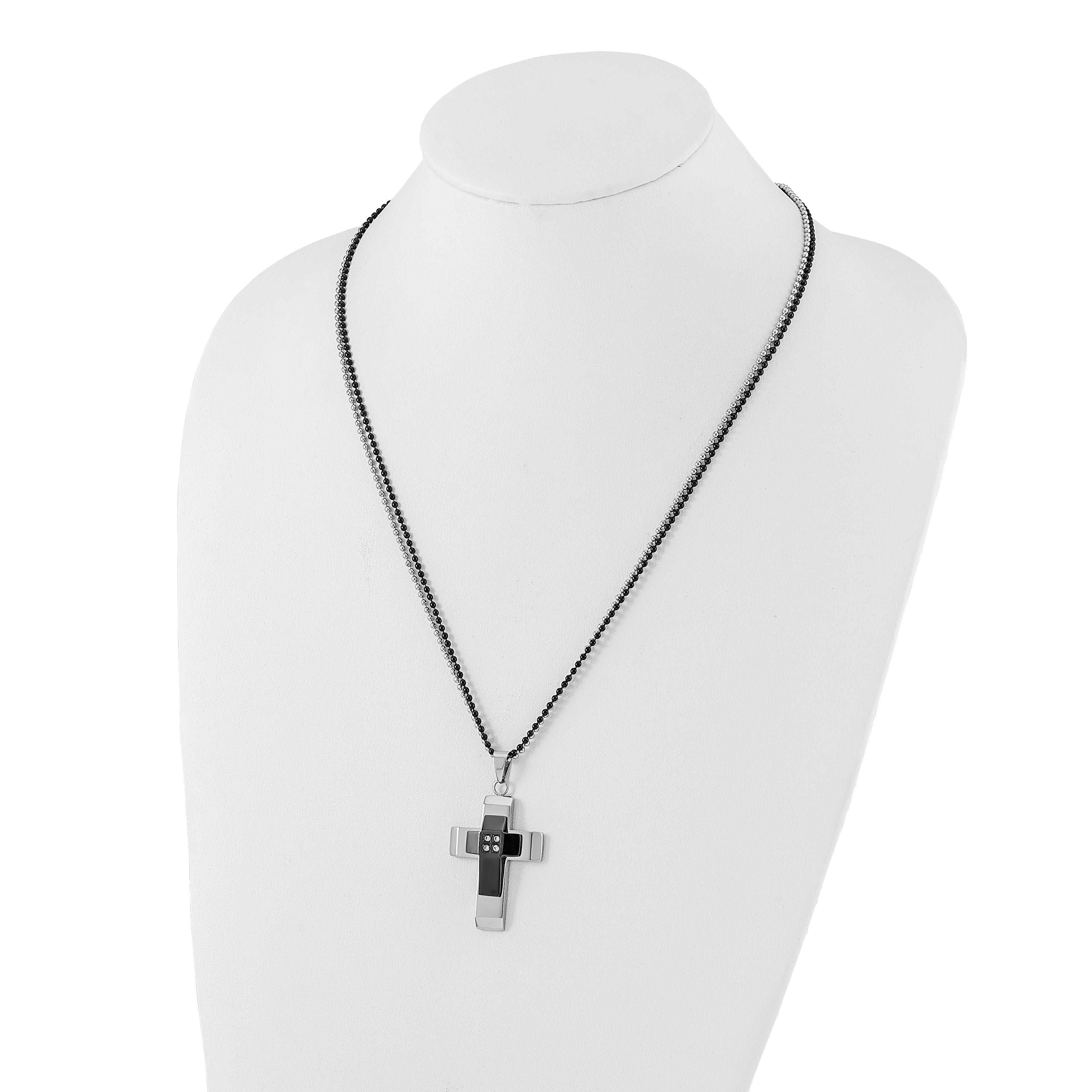 Stainless Steel & Black IP-plated Polished CZ Cross Necklace