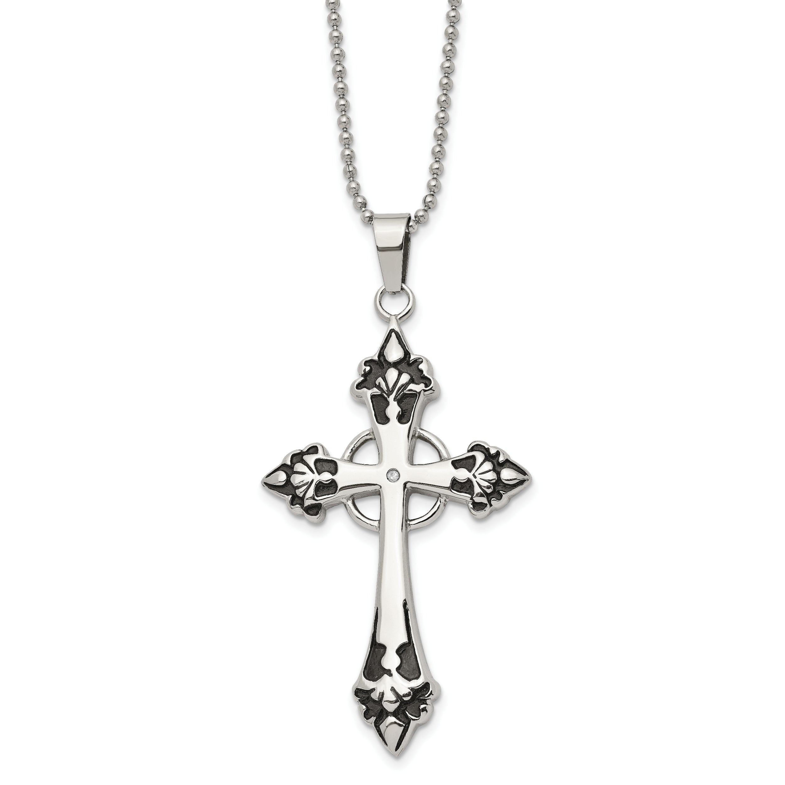 Chisel Stainless Steel Polished Enameled with .01 Carat Diamond Cross Pendant on a 24 inch Ball Chain Necklace