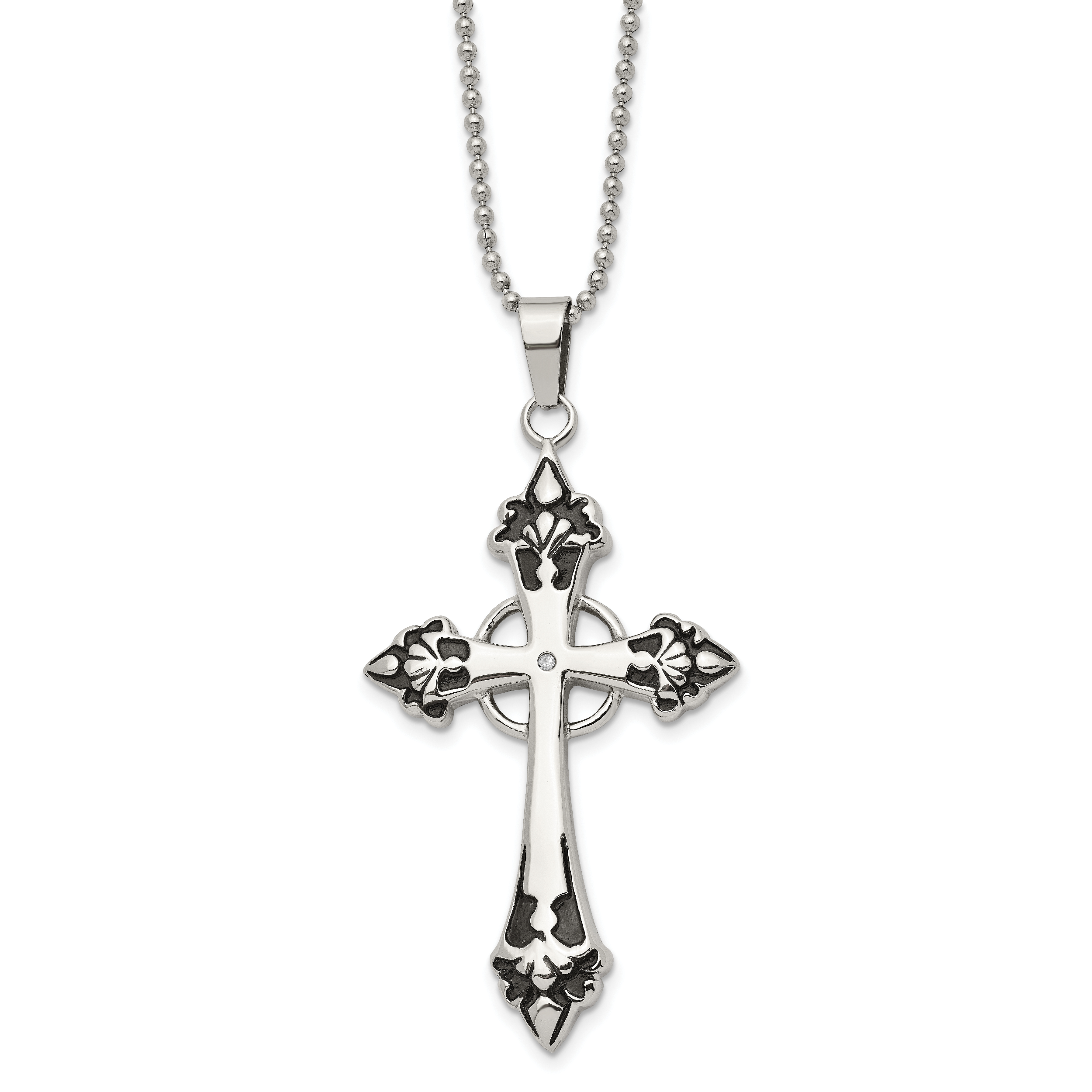 Chisel Stainless Steel Polished Enameled with .01 Carat Diamond Cross Pendant on a 24 inch Ball Chain Necklace Main image