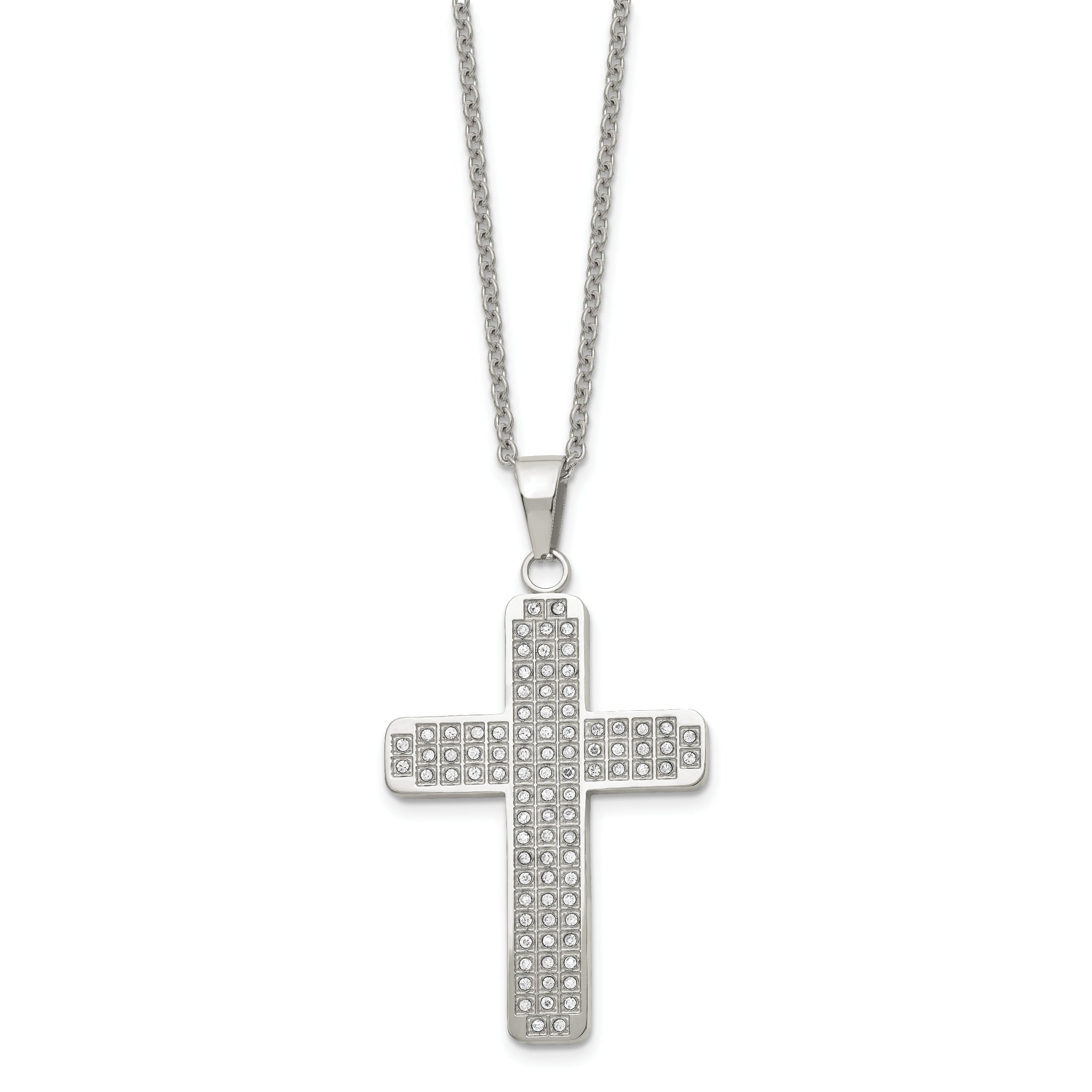 Chisel Stainless Steel Polished with CZ Cross Pendant on a 22 inch Cable Chain Necklace