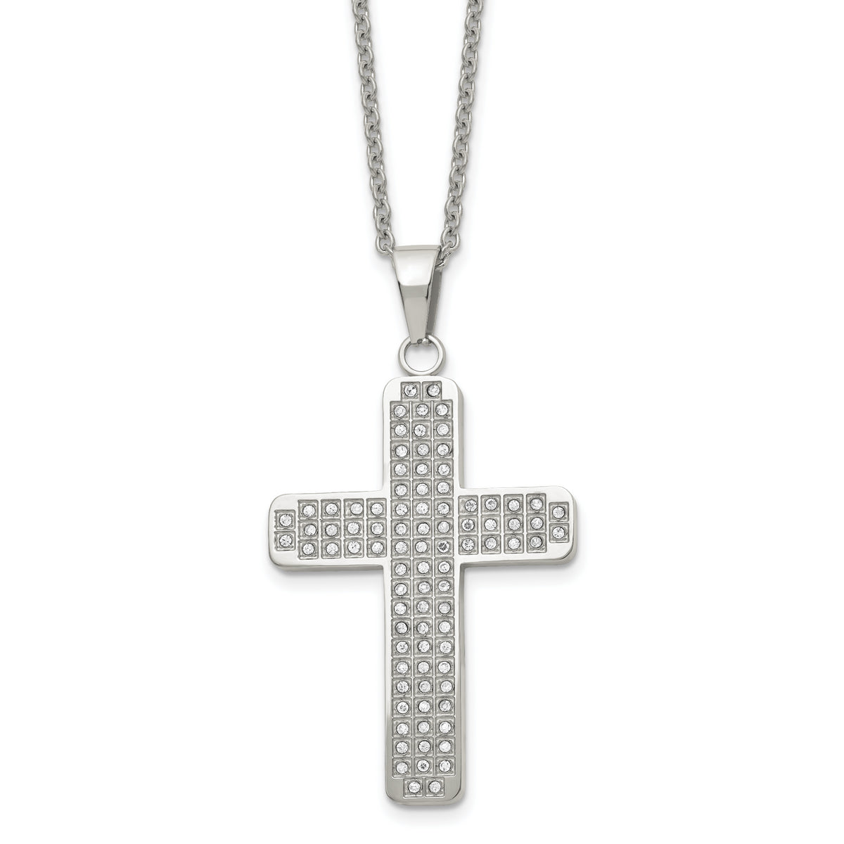 Chisel Stainless Steel Polished with CZ Cross Pendant on a 22 inch Cable Chain Necklace