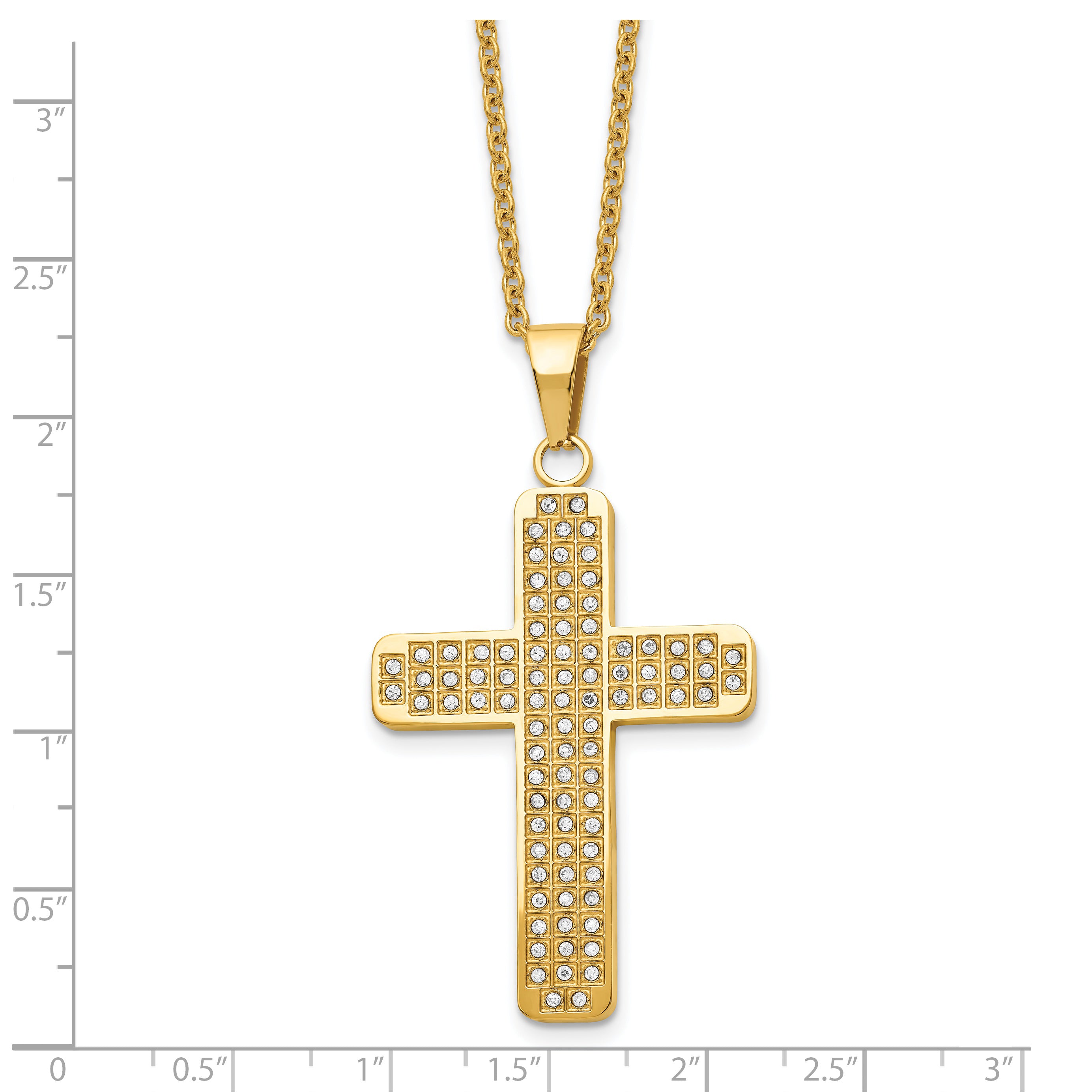 Chisel Stainless Steel Polished Yellow IP-plated with CZ Cross Pendant on a 22 inch Cable Chain Necklace