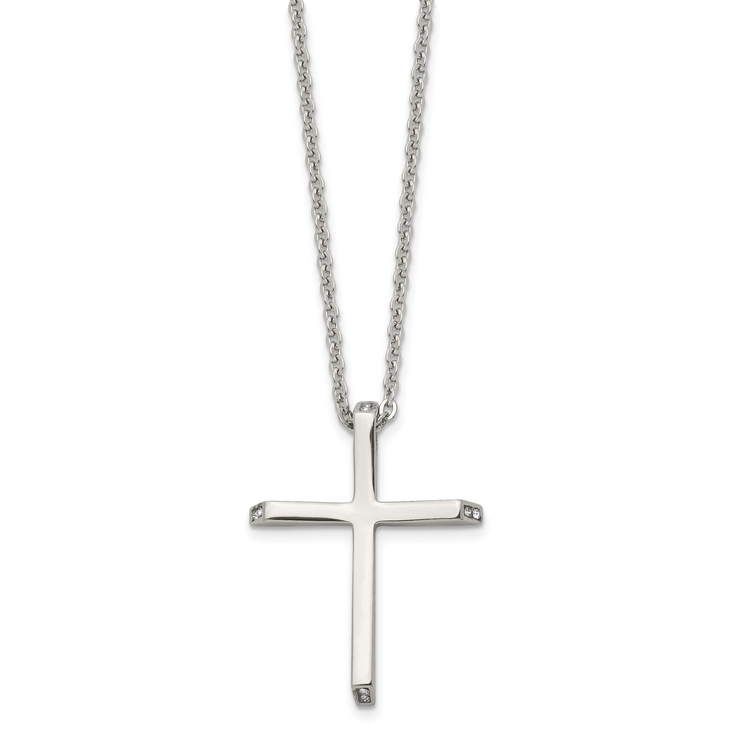 Chisel Stainless Steel Polished with CZ Ends Cross Pendant on a 22 inch Cable Chain Necklace