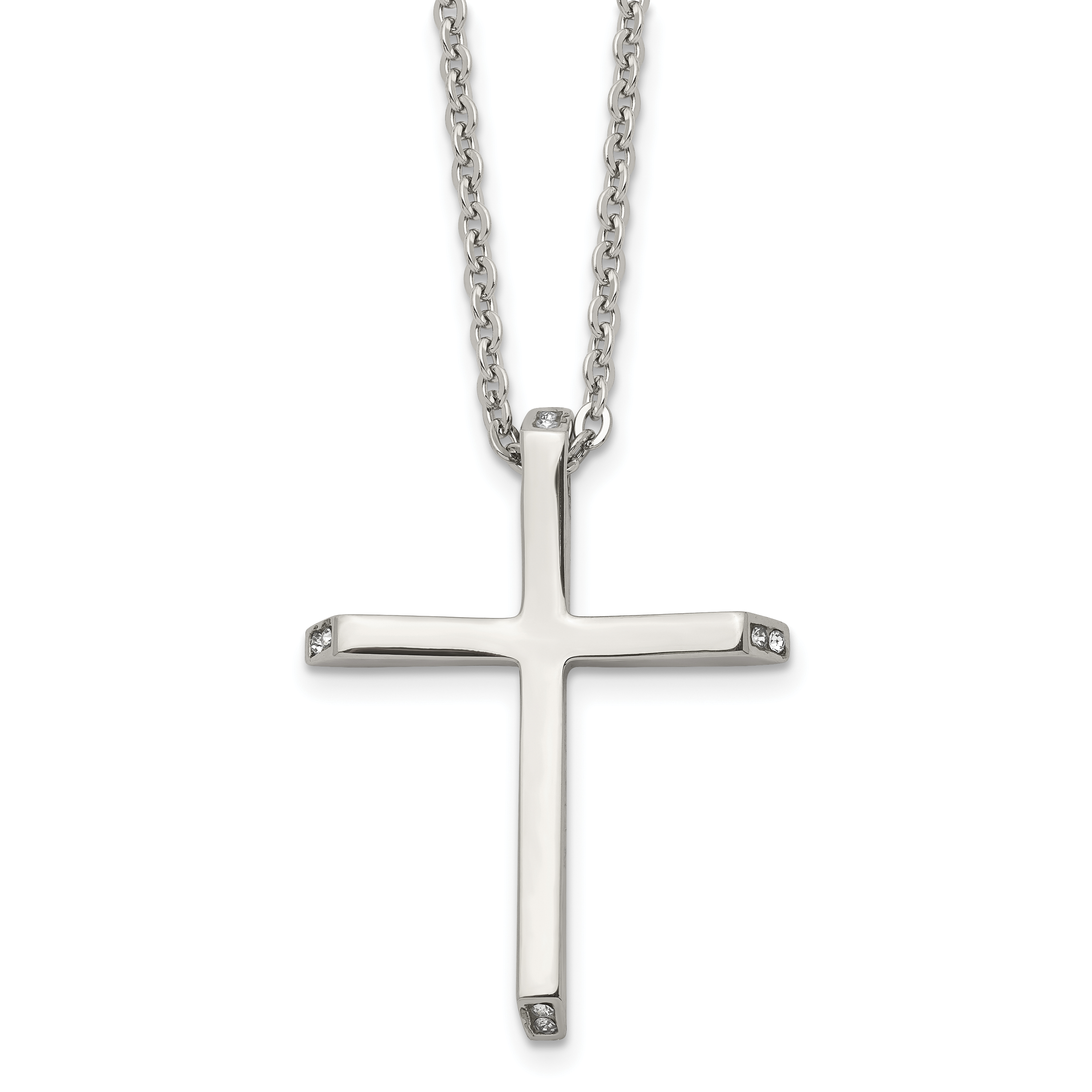 Chisel Stainless Steel Polished with CZ Ends Cross Pendant on a 22 inch Cable Chain Necklace Main image