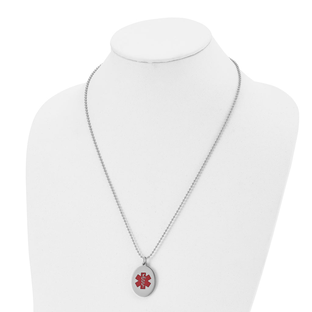 Chisel Stainless Steel Polished with Red Enamel Oval Medical ID Pendant on a 24 inch Ball Chain Necklace