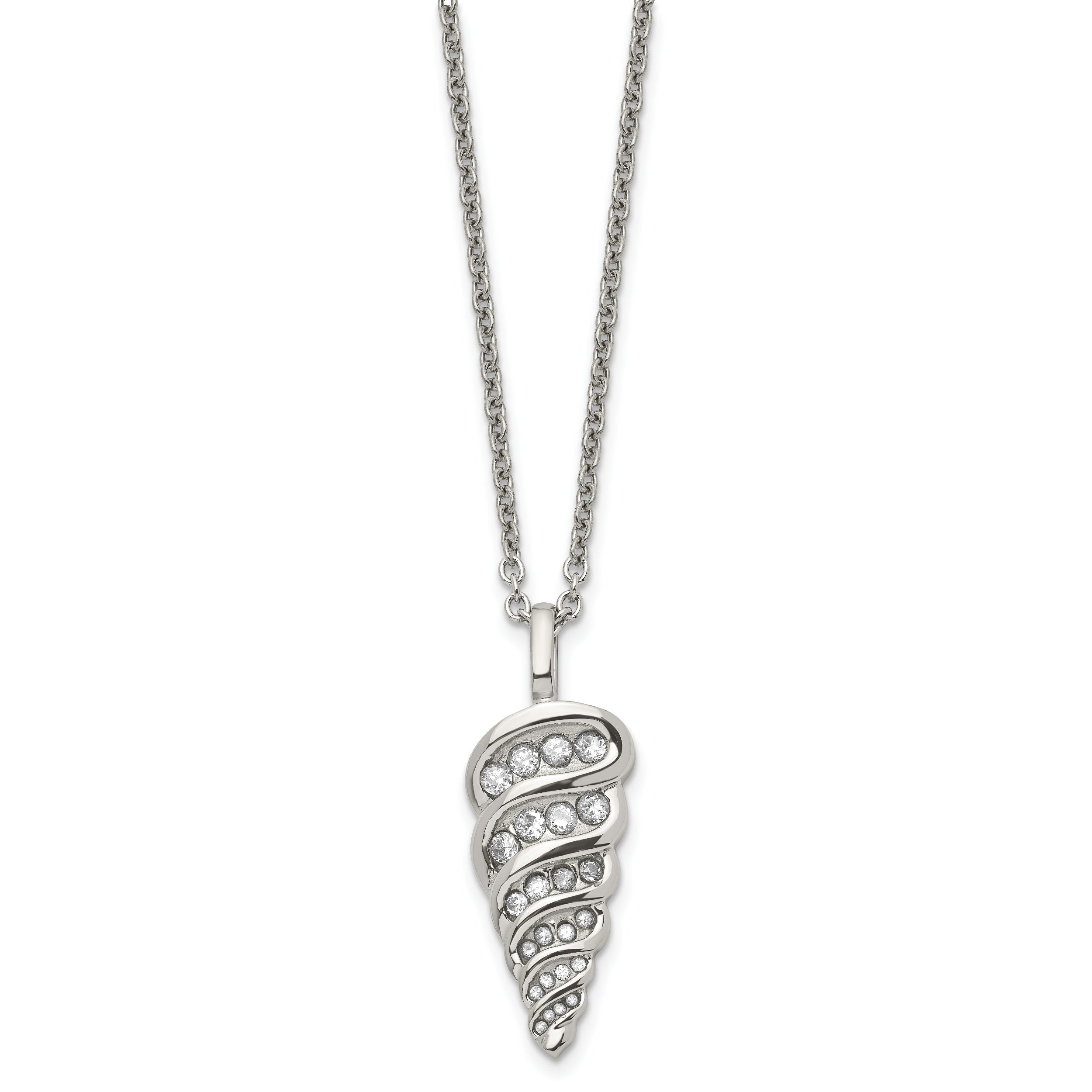Stainless Steel Polished w/CZ Fancy Shell 22in Necklace