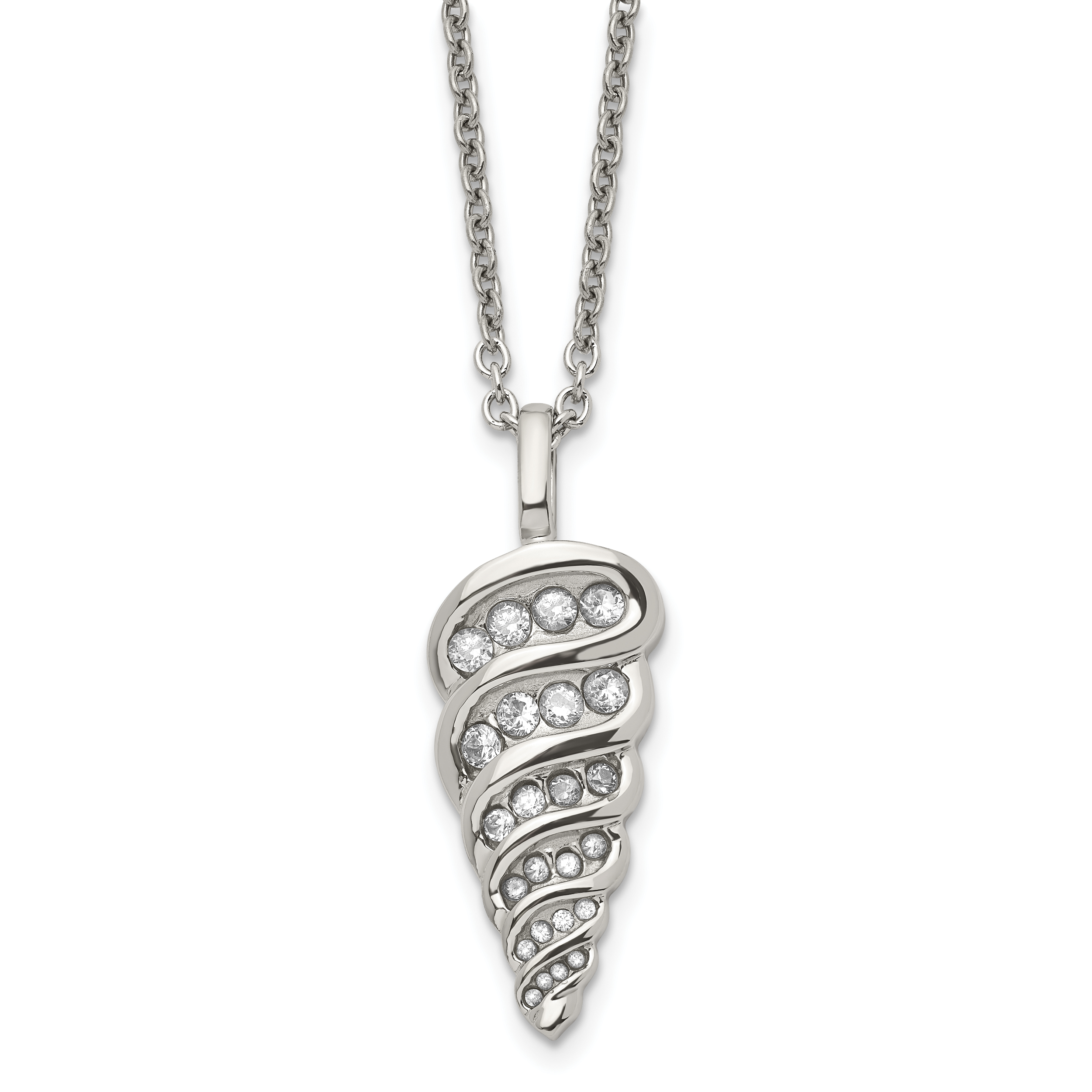 Stainless Steel Polished w/CZ Fancy Shell 22in Necklace Main image