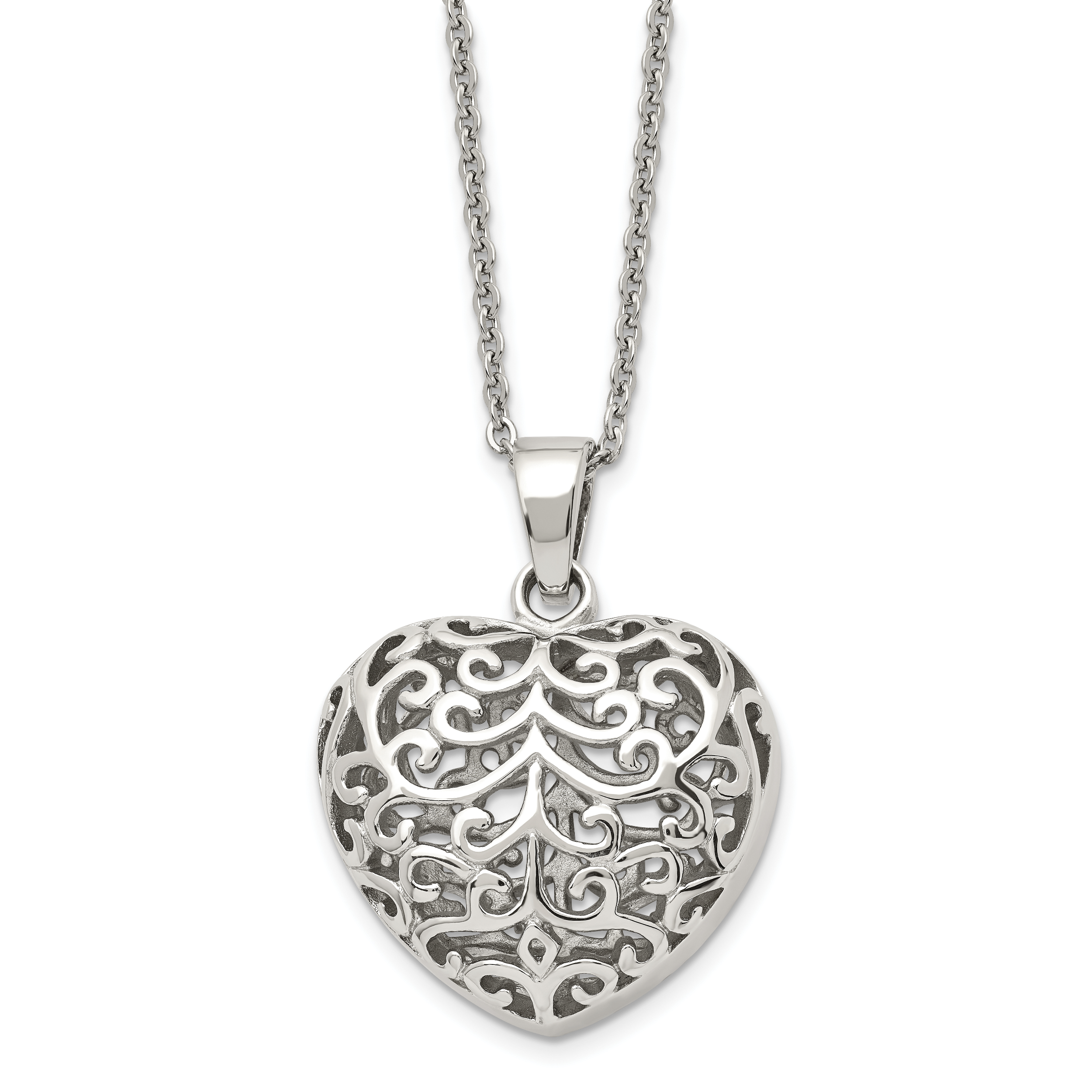 Chisel Stainless Steel Polished Filigree Puffed Heart Pendant on a 22 inch Cable Chain Necklace Main image
