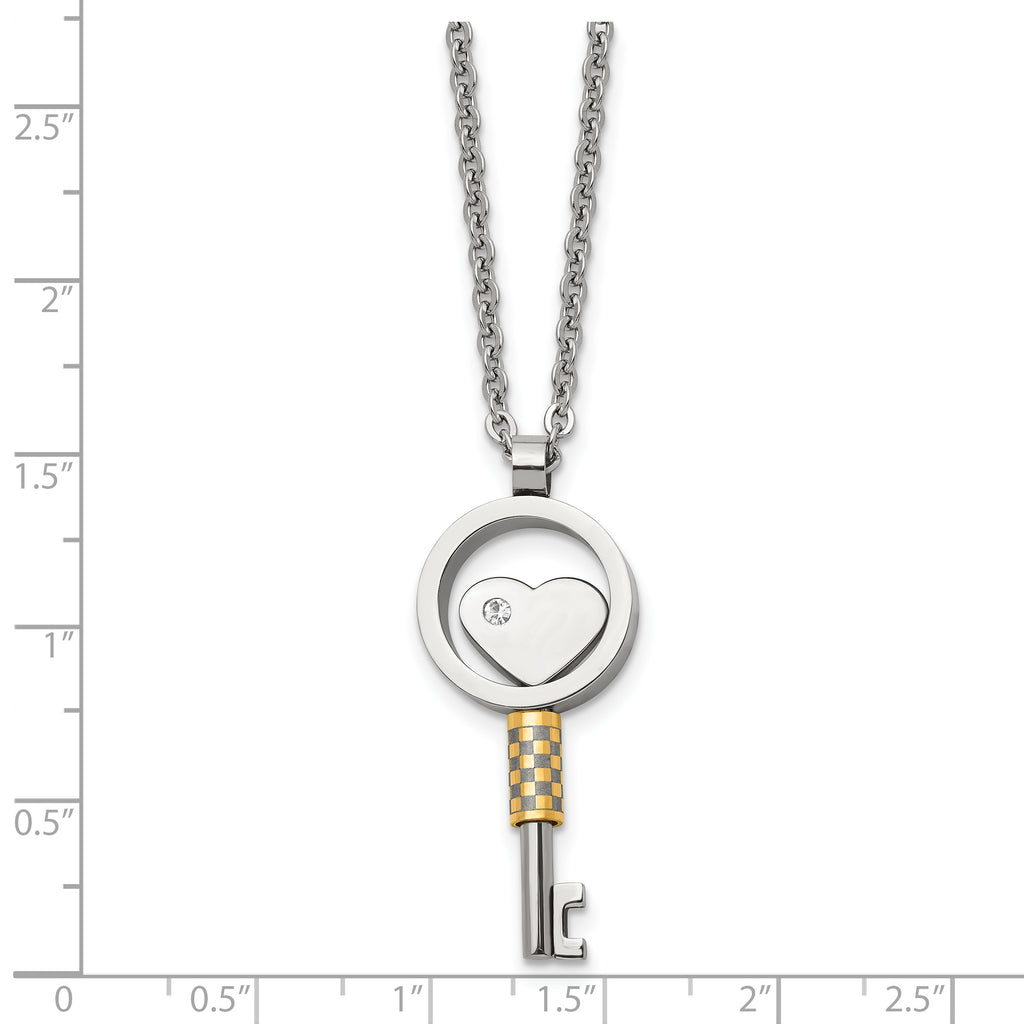 Chisel Stainless Steel Polished Yellow IP-plated with CZ Heart Key Pendant on a 22 inch Cable Chain Necklace