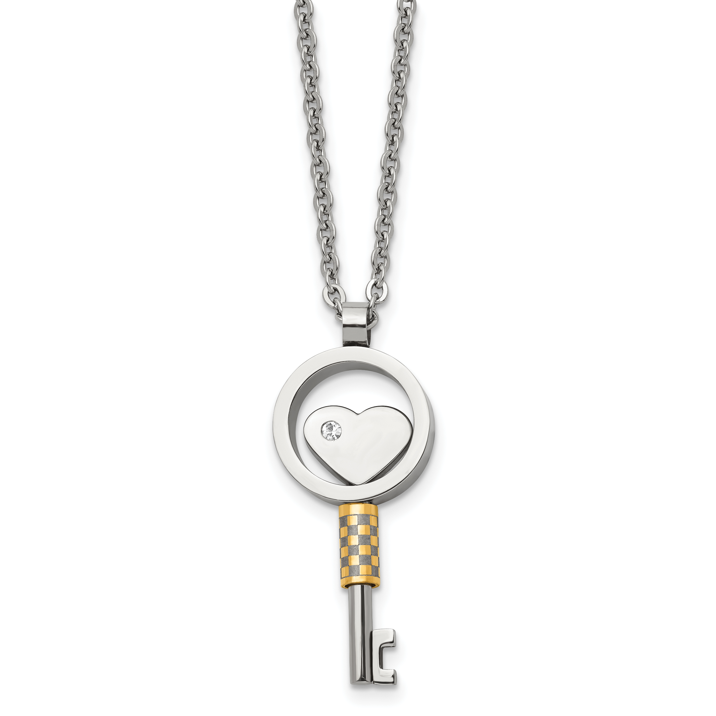 Chisel Stainless Steel Polished Yellow IP-plated with CZ Heart Key Pendant on a 22 inch Cable Chain Necklace Main image