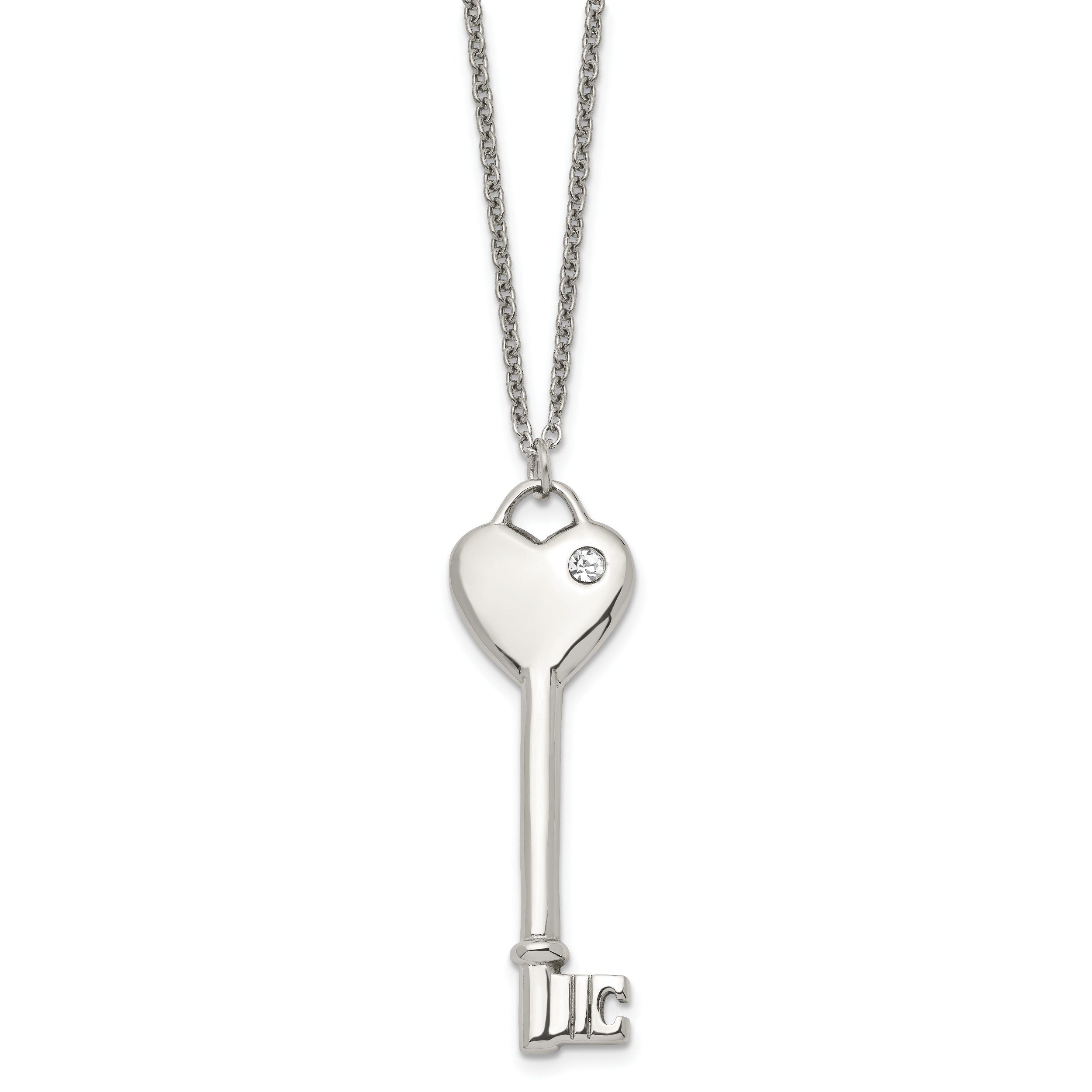 Chisel Stainless Steel Polished with CZ Heart Key Pendant on a 20 inch Cable Chain Necklace