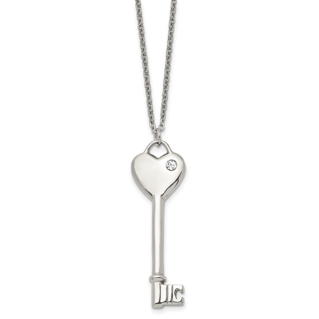CZ Heart Key Pendant Necklace in Stainless Steel
